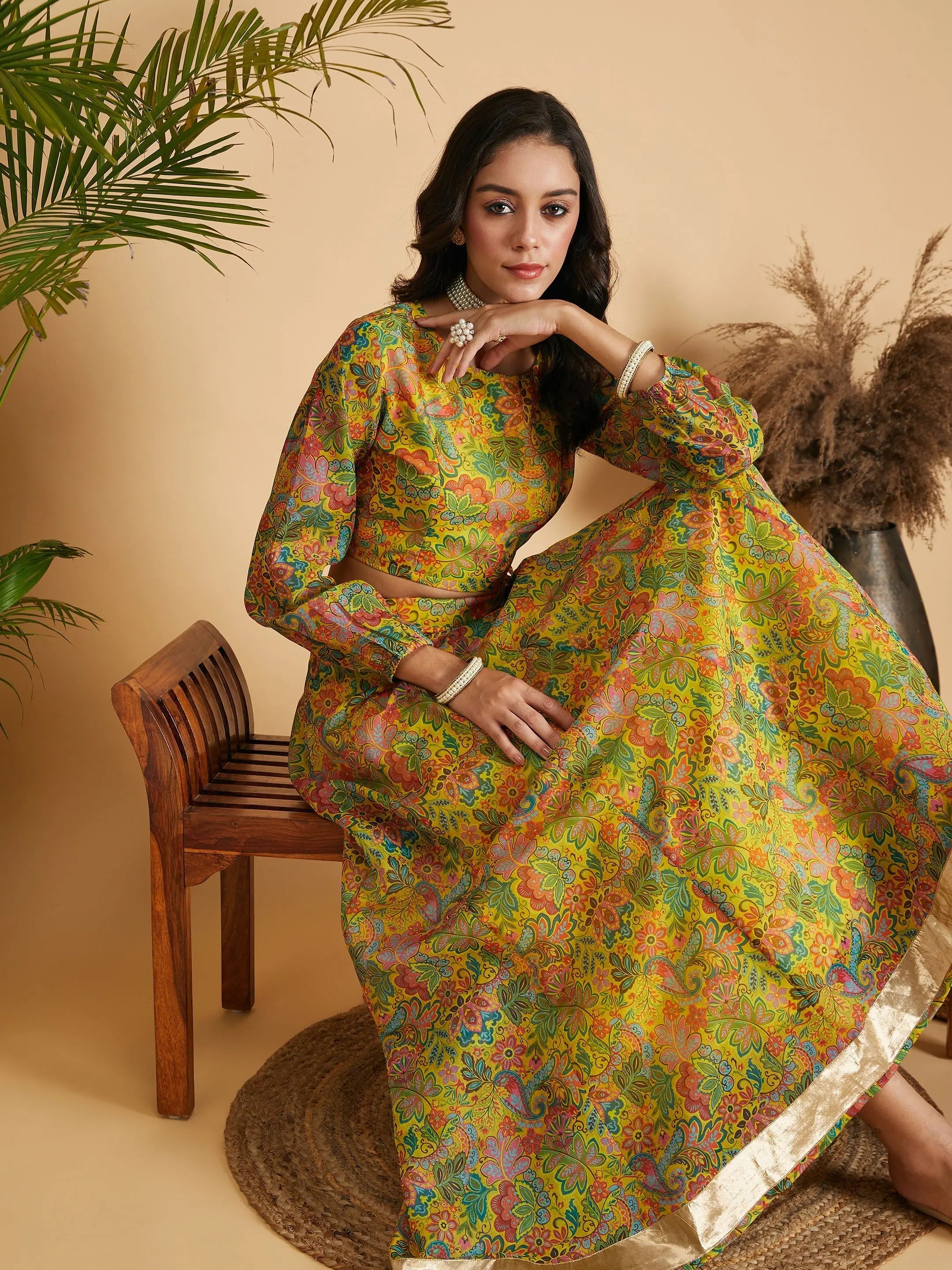 Lemon Yellow Floral Lehenga Choli - Women's Traditional Lehenga
