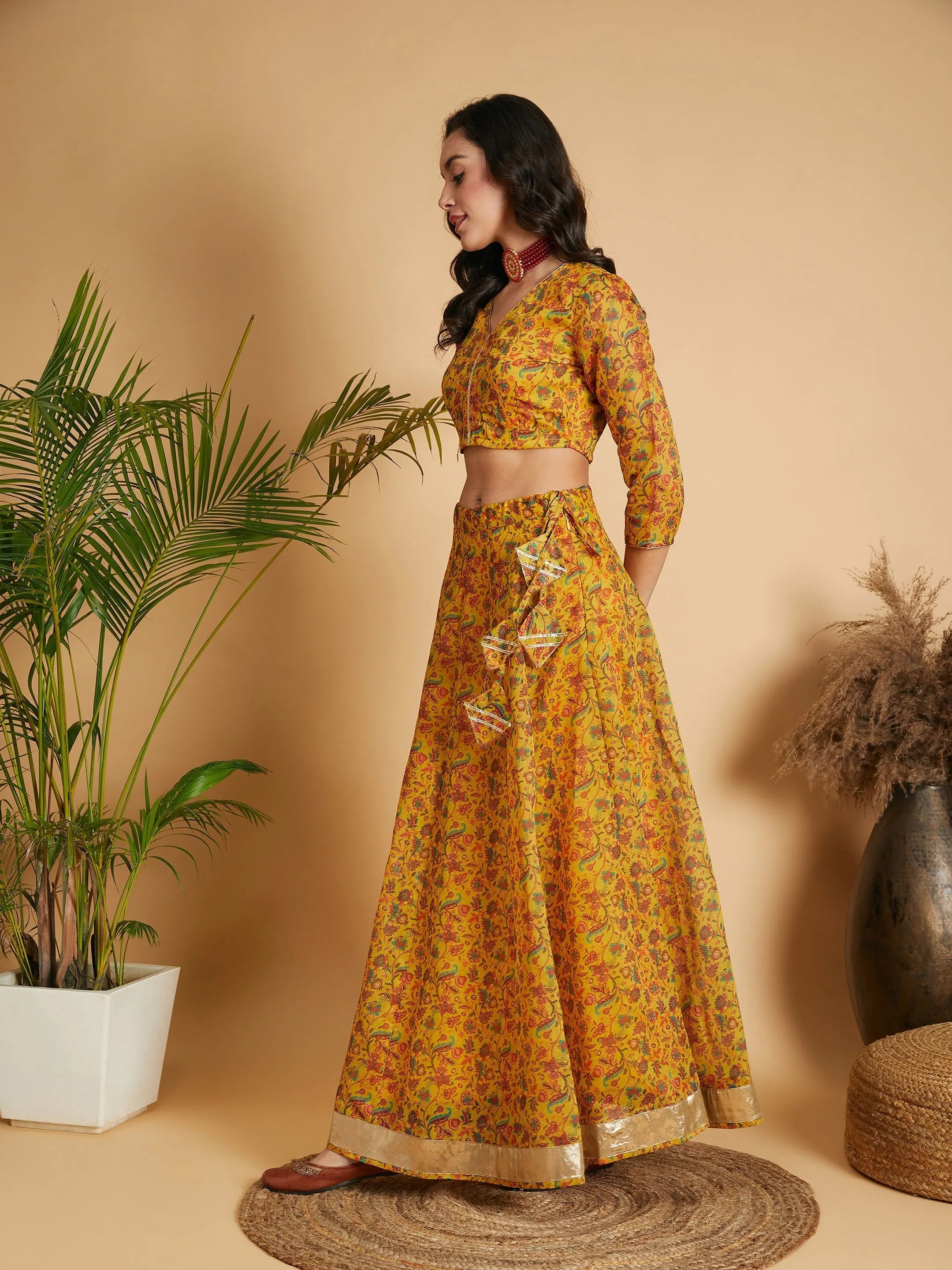 Mustard Floral Anarkali Lehenga Choli - Women's Ethnic Lehenga