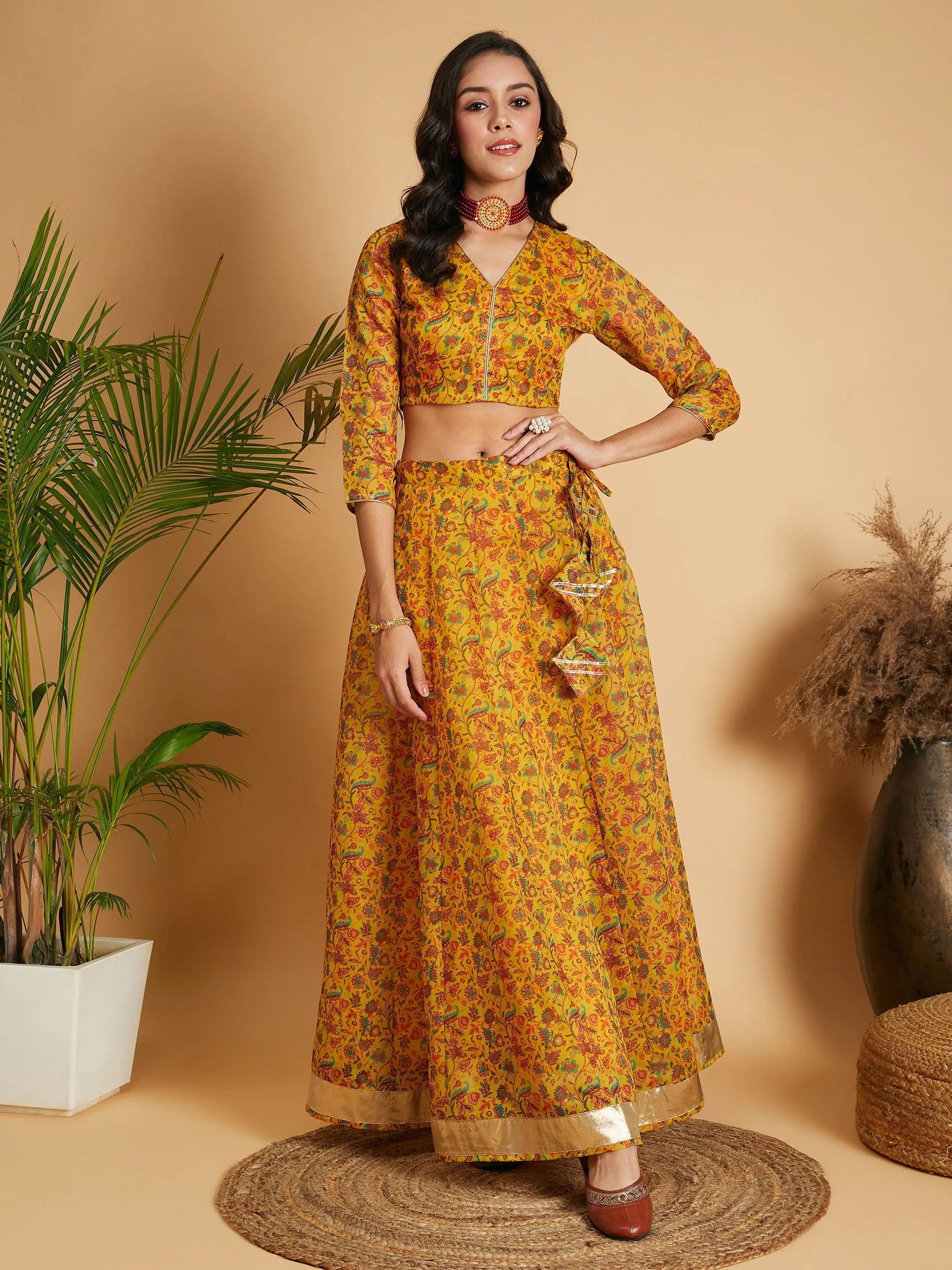 Mustard Floral Anarkali Lehenga Choli - Women's Ethnic Lehenga