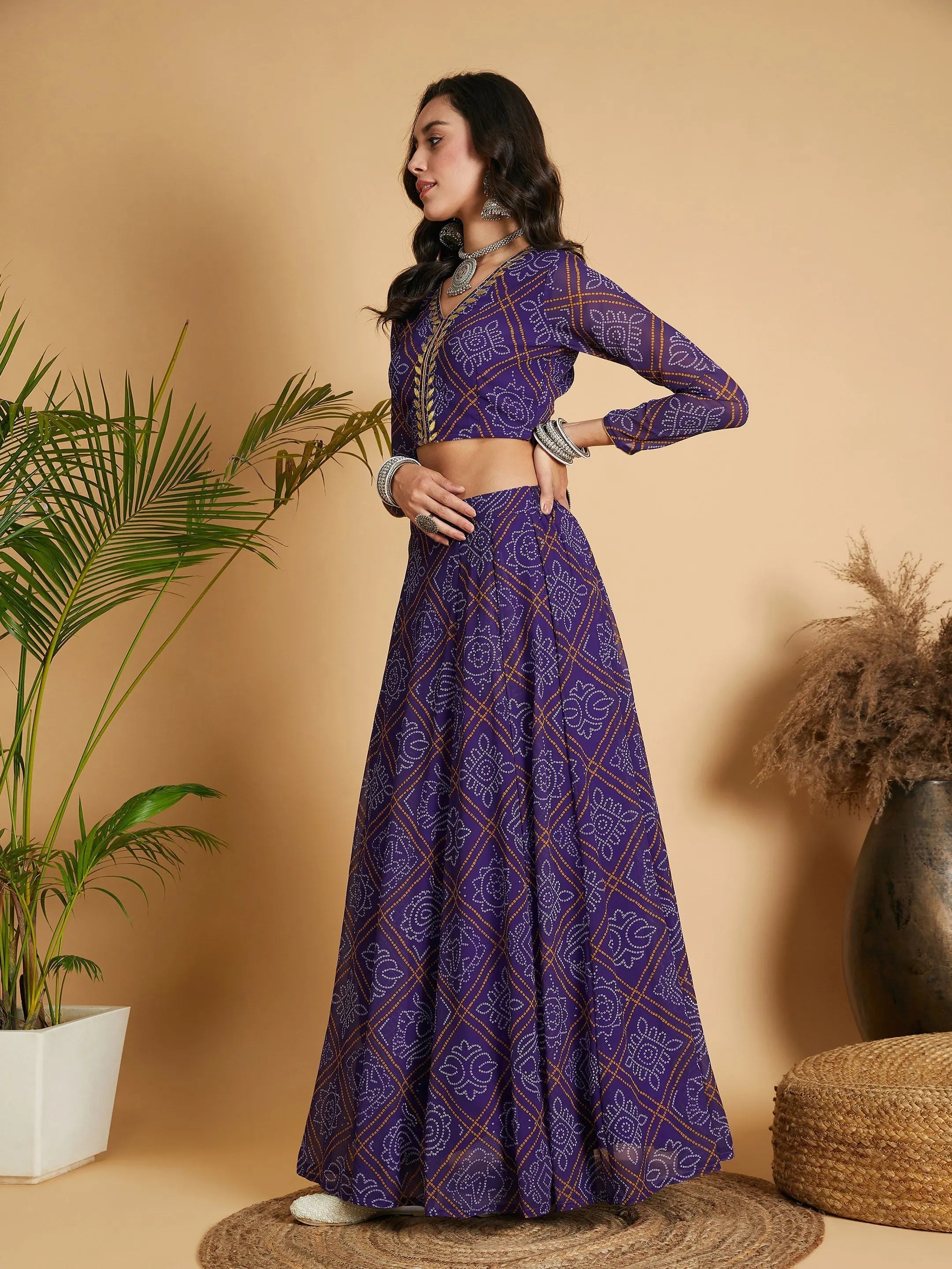 Purple Bandhej Anarkali Lehenga Choli - Women's Designer Lehenga
