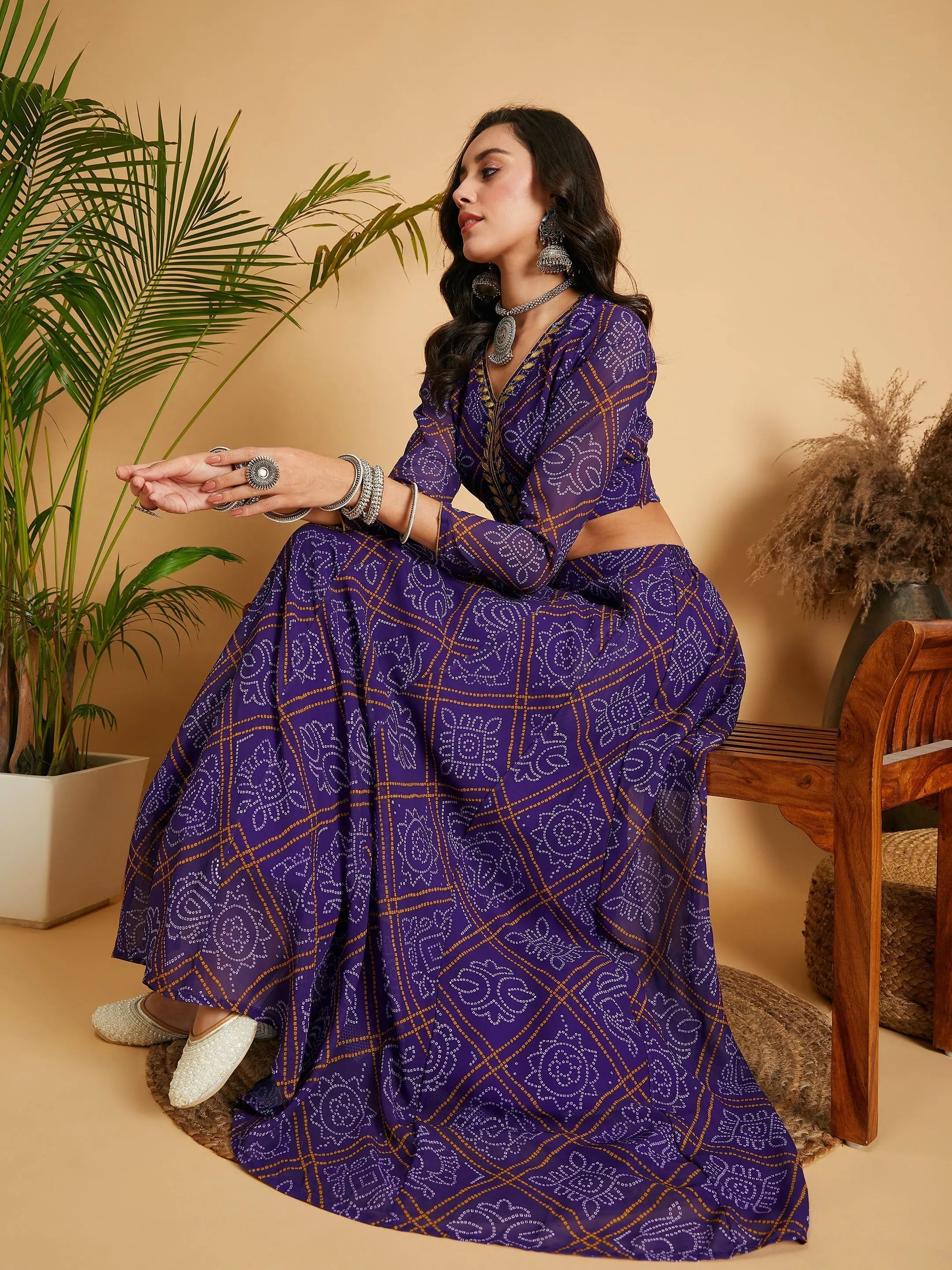 Purple Bandhej Anarkali Lehenga Choli - Women's Designer Lehenga