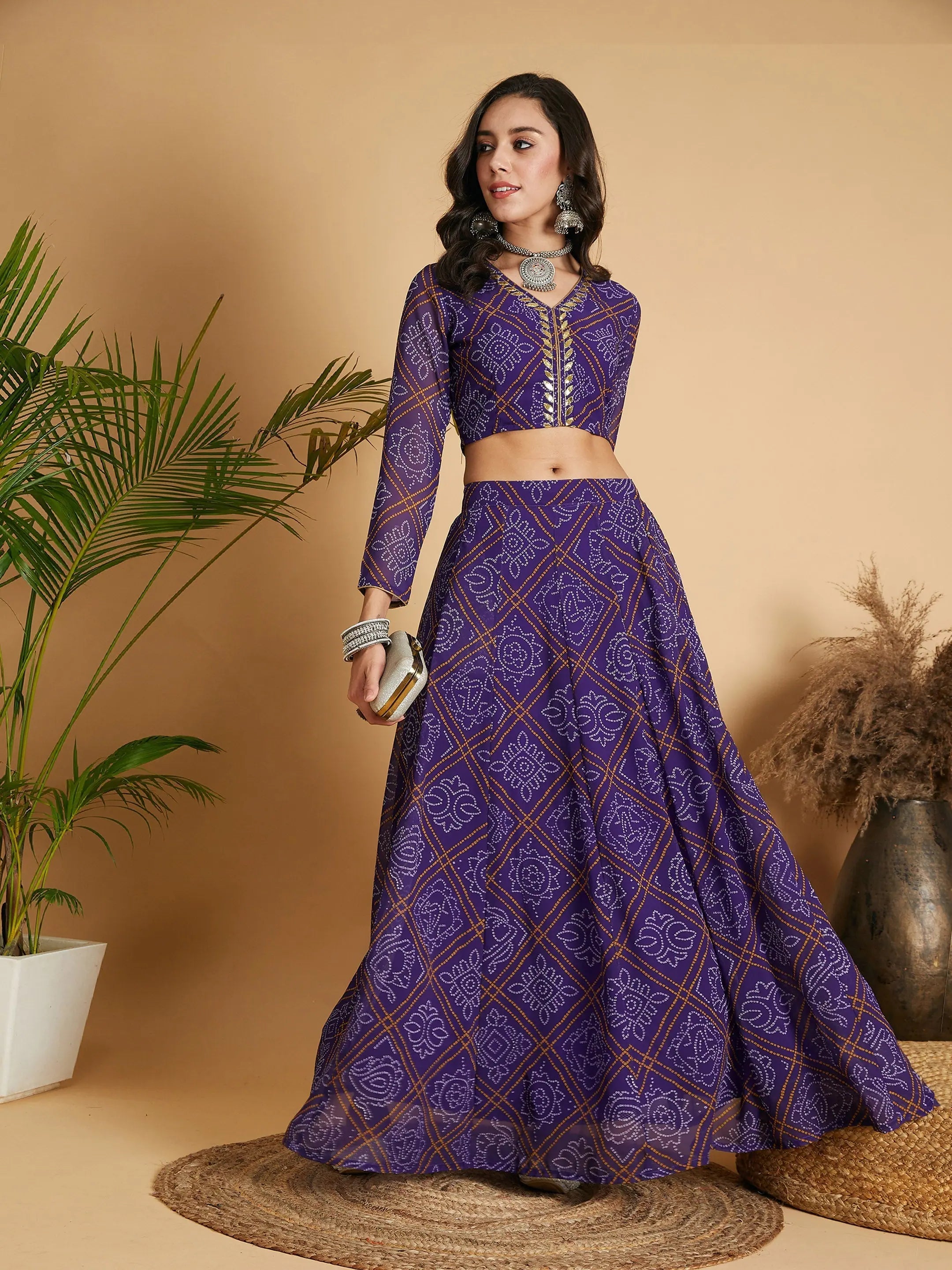 Purple Bandhej Anarkali Lehenga Choli - Women's Designer Lehenga