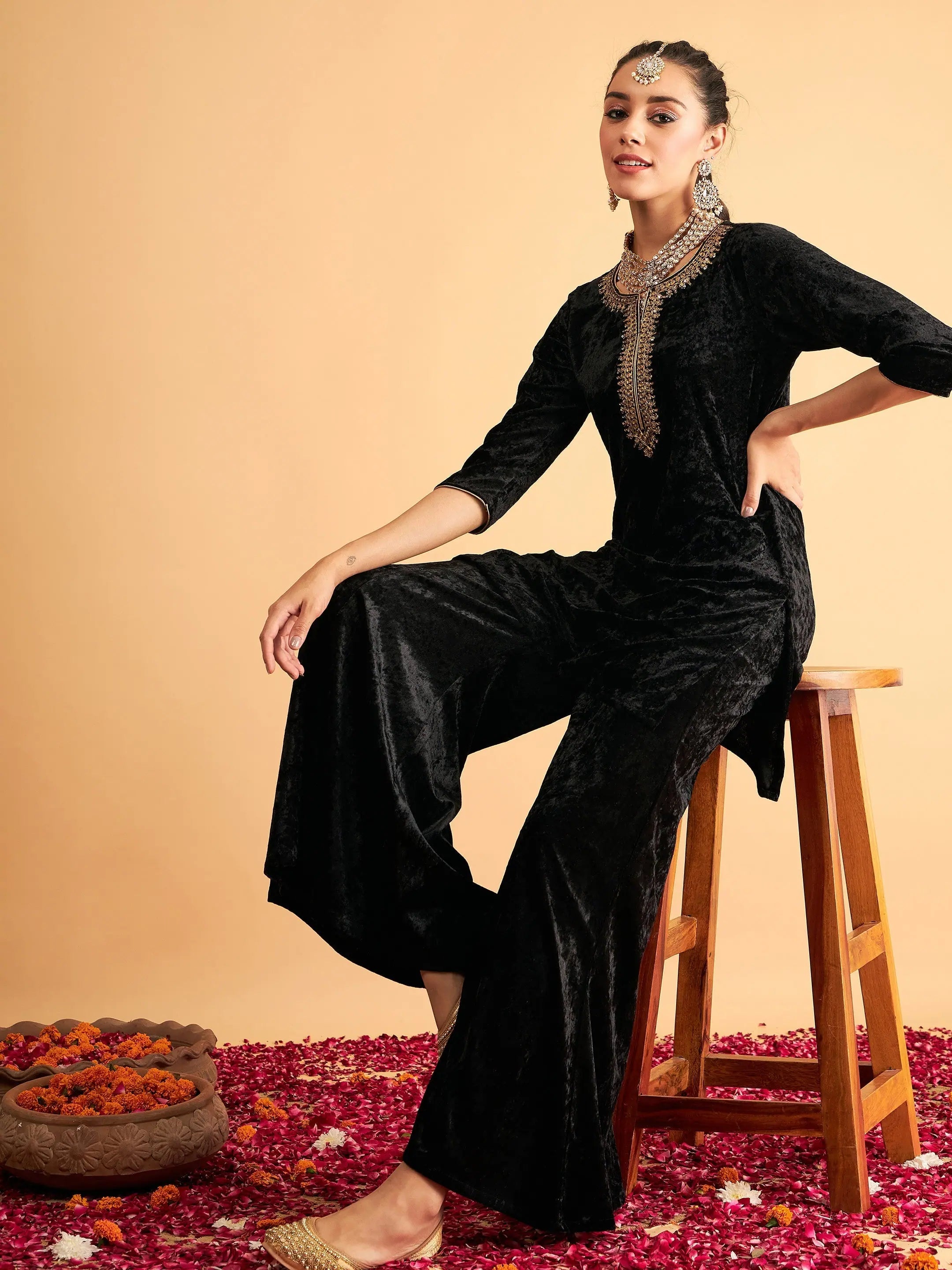 Black Velvet Embroidered Kurta Palazzo Set | Palazzo Pants Set