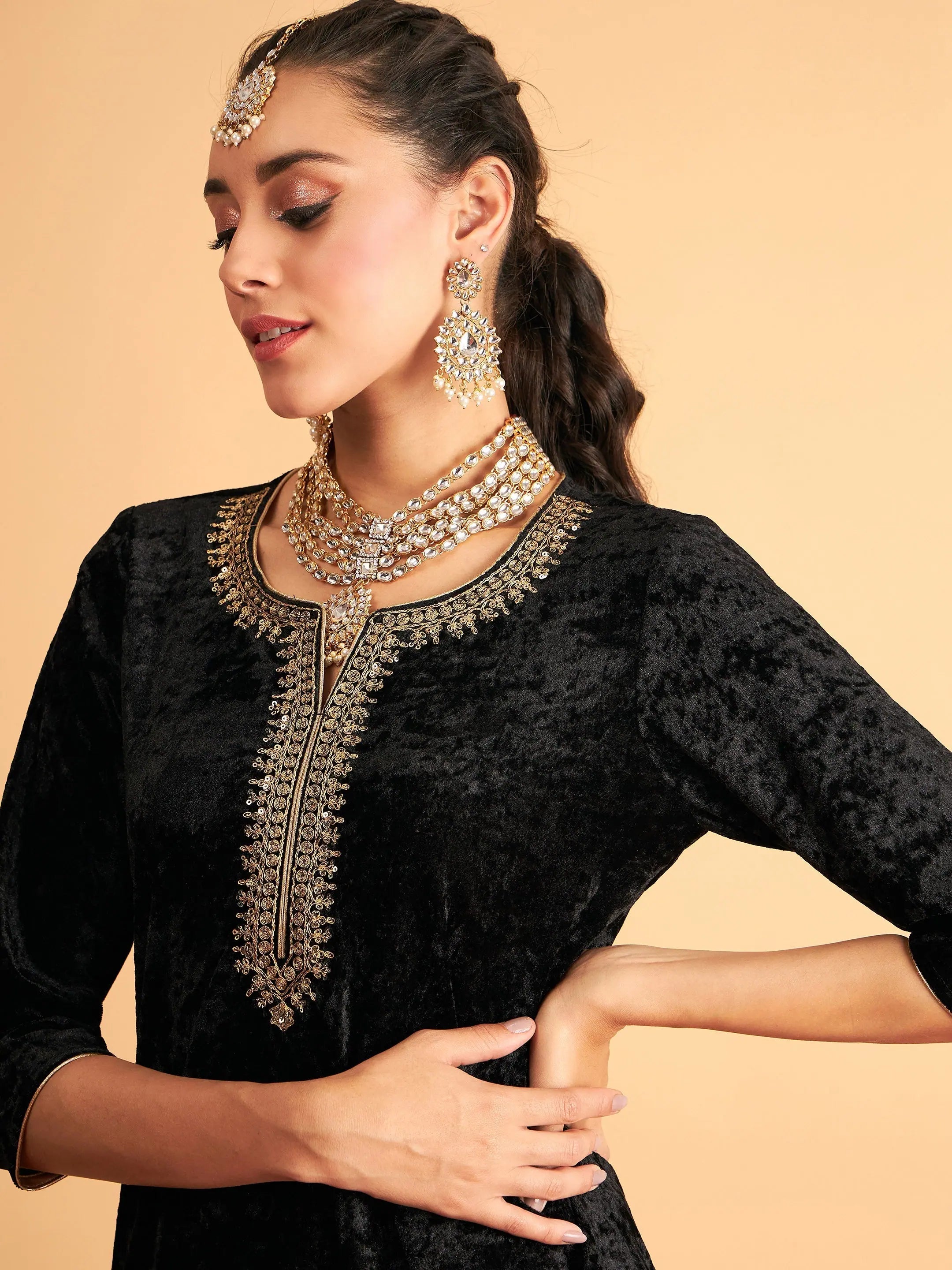 Black Velvet Embroidered Kurta Palazzo Set | Palazzo Pants Set