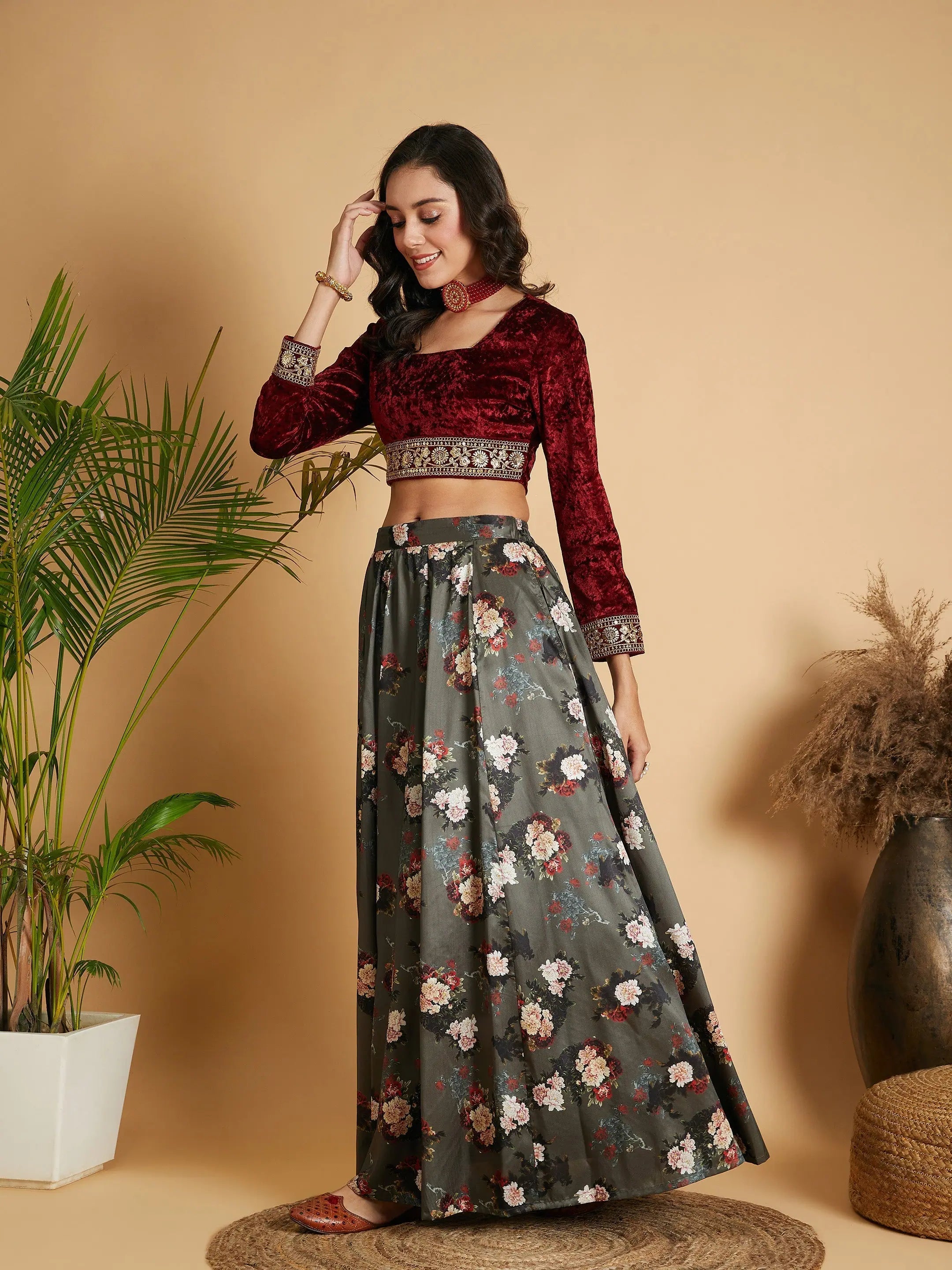 Olive Floral Skirt & Maroon Velvet Top | Festive Lehenga