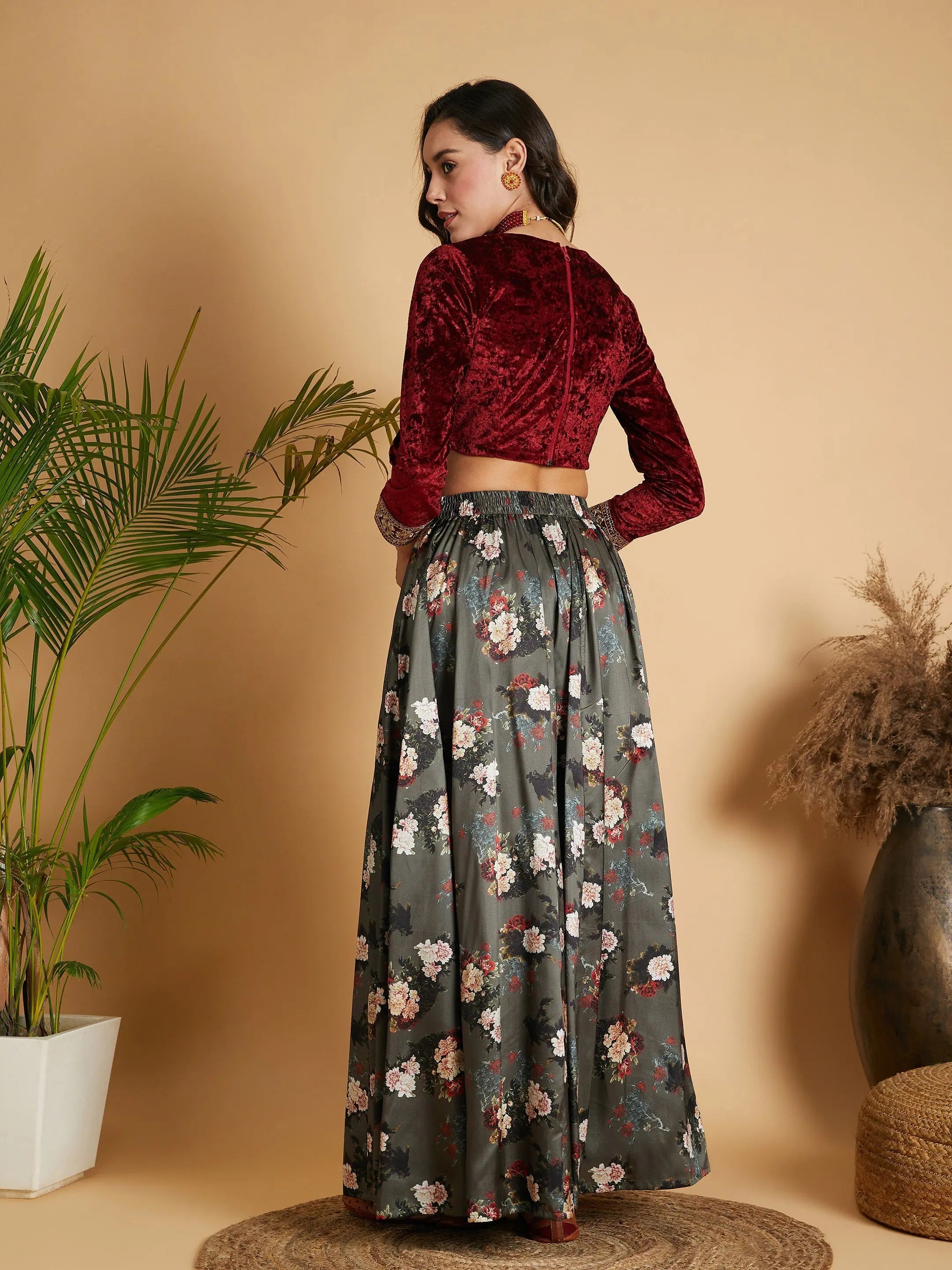 Olive Floral Skirt & Maroon Velvet Top | Festive Lehenga