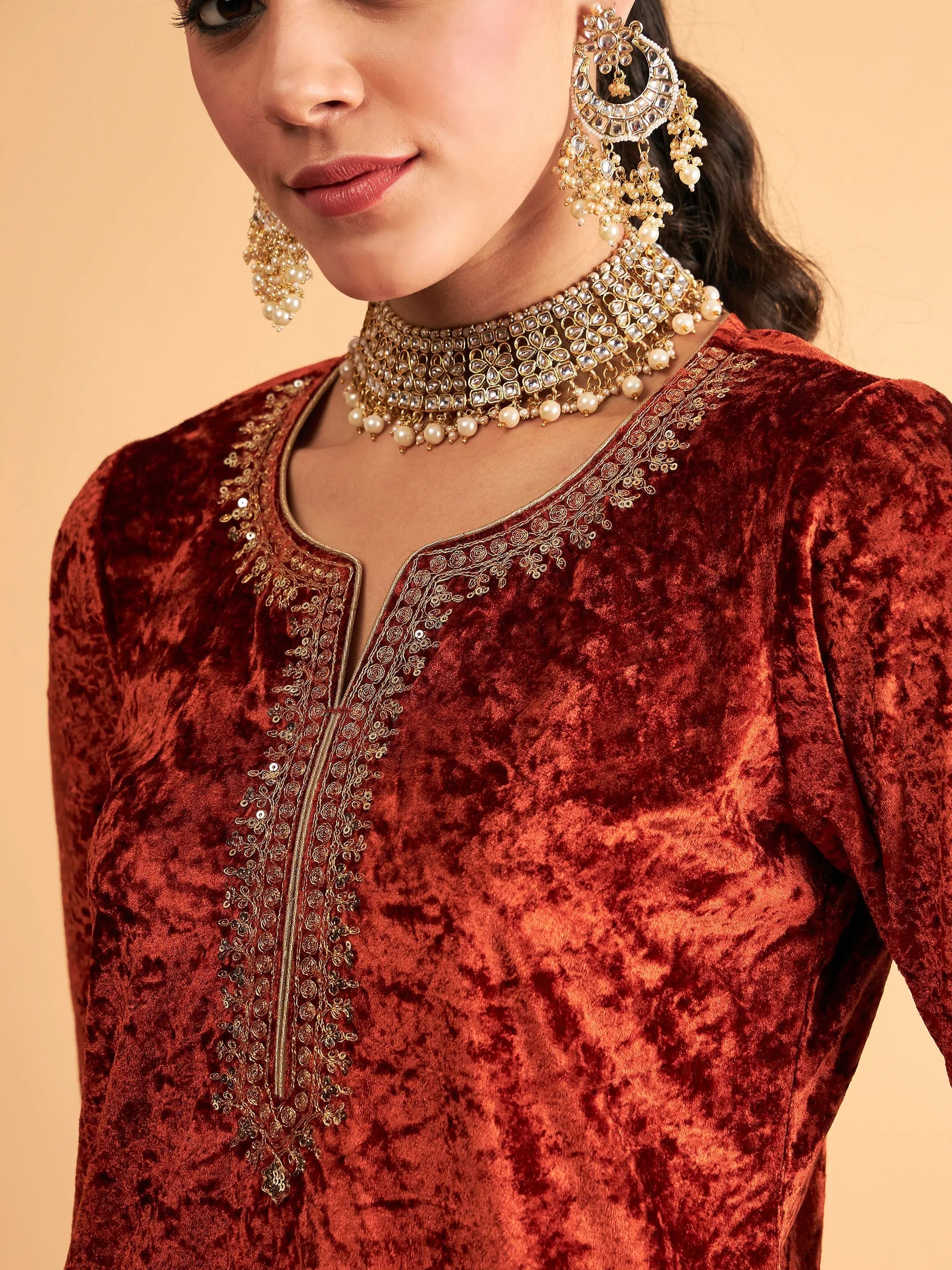 Rust Velvet Kurta Palazzo Set - Embroidered Palazzo Pants Set