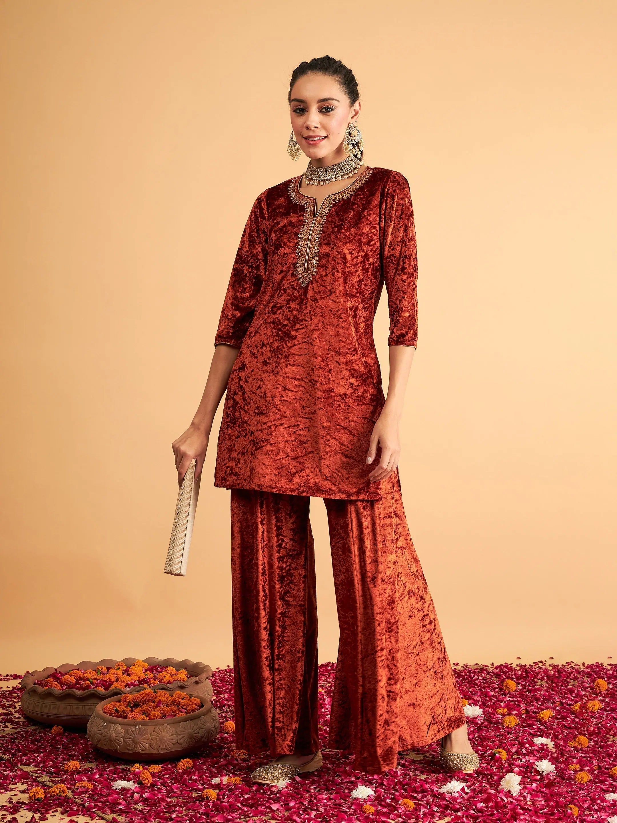 Rust Velvet Kurta Palazzo Set - Embroidered Palazzo Pants Set