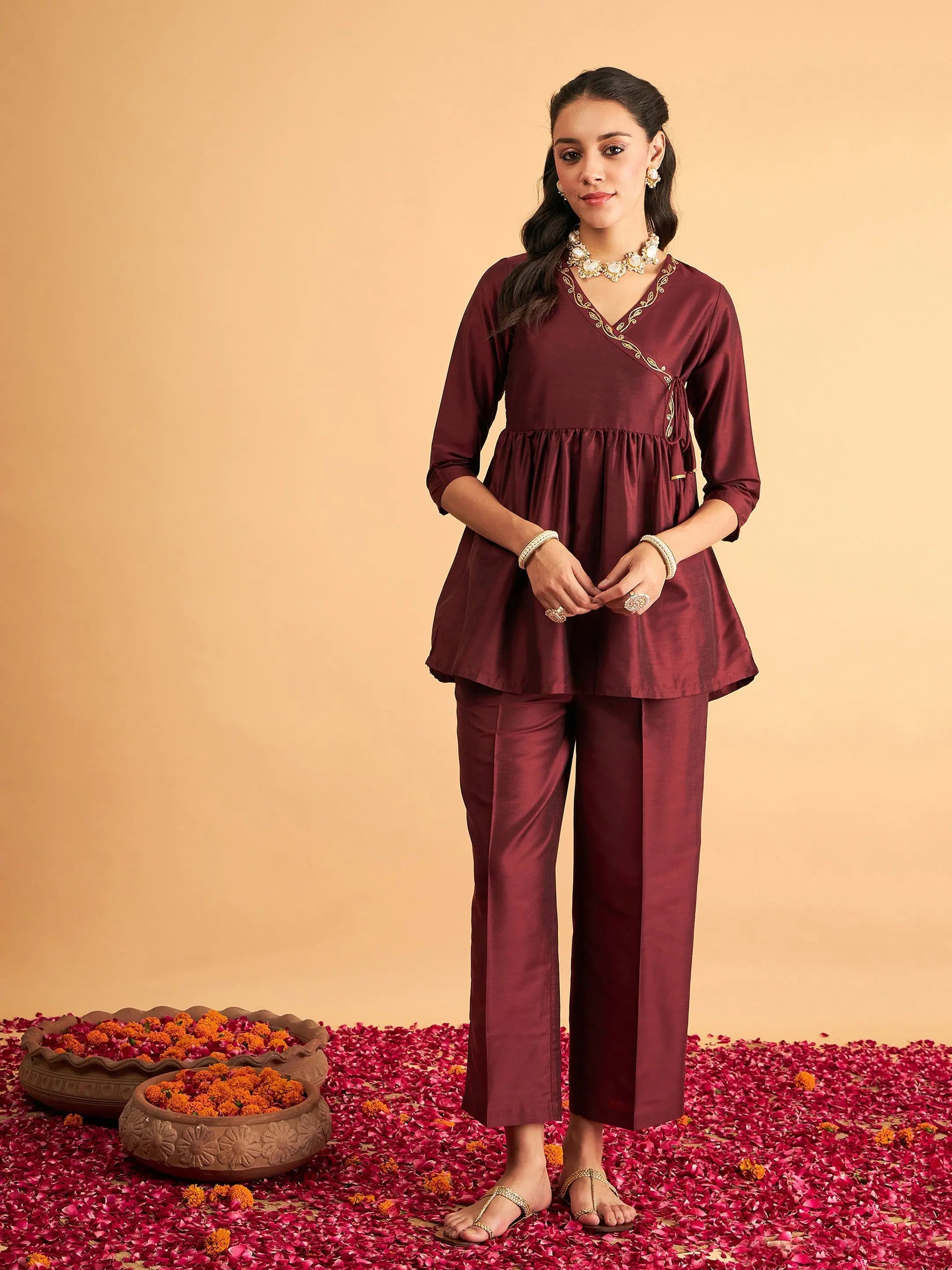 Maroon Embroidered Wrap Top & Pants - Women's Western Wear