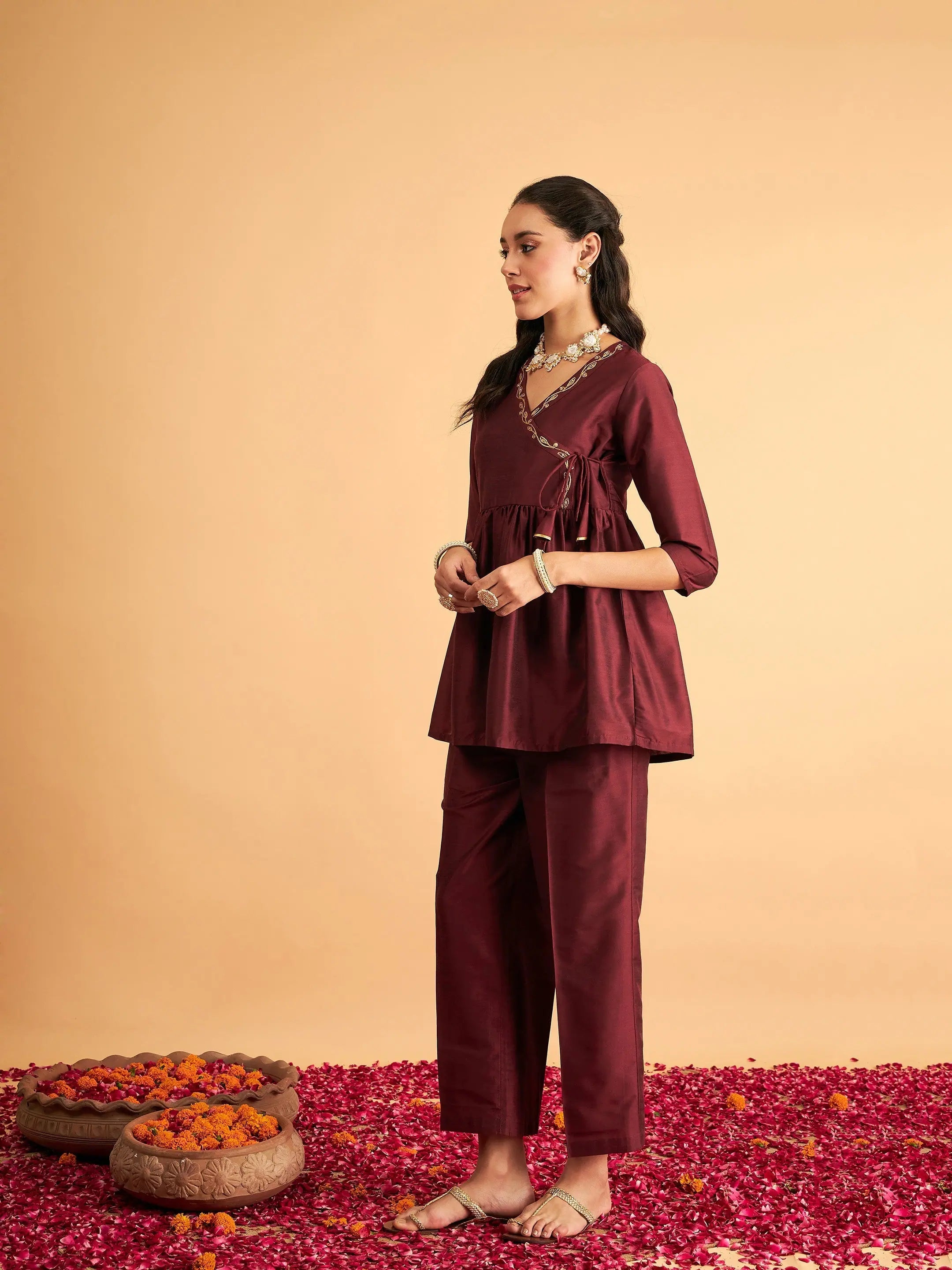 Maroon Embroidered Wrap Top & Pants - Women's Western Wear