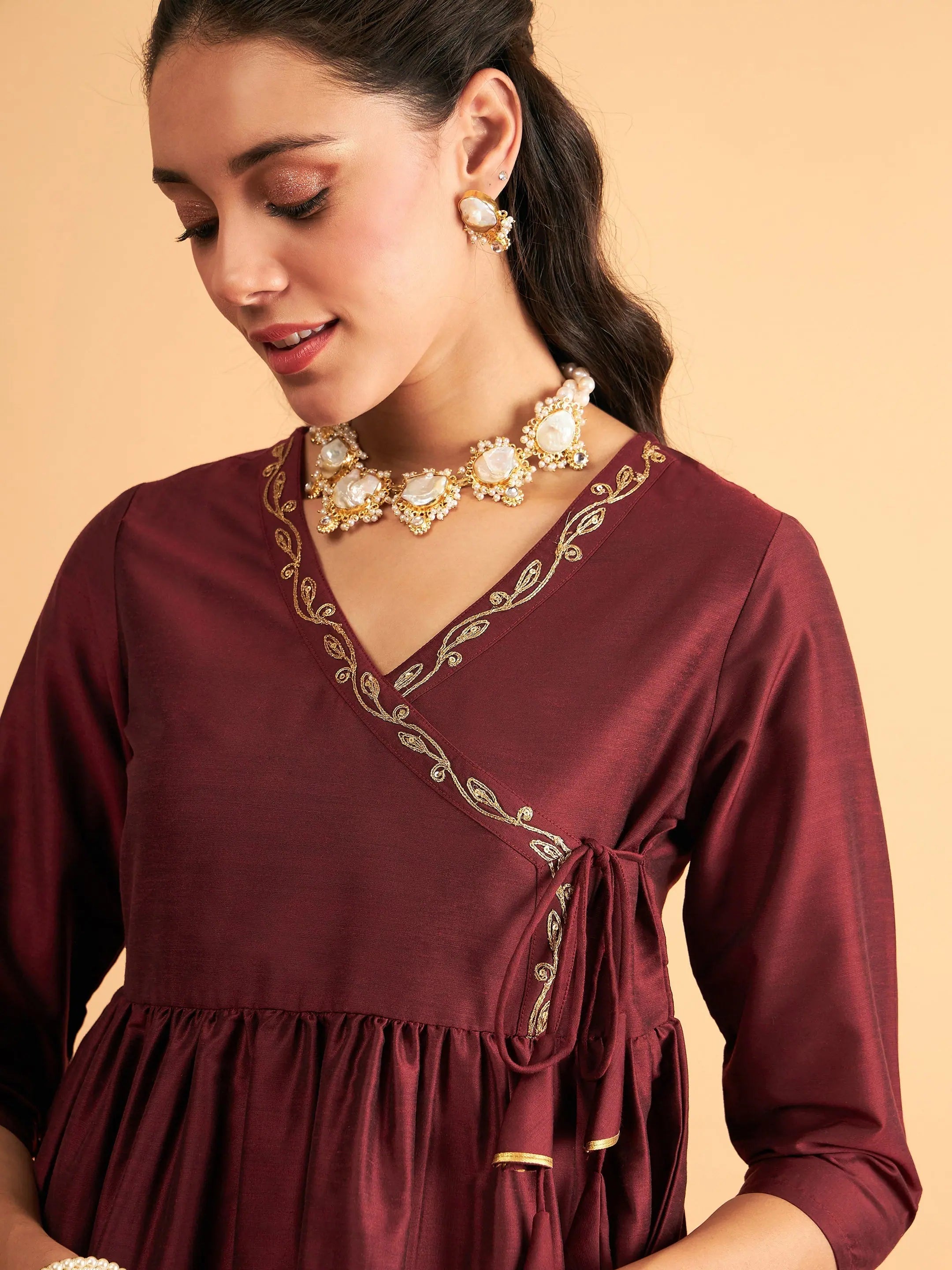 Maroon Embroidered Wrap Top & Pants - Women's Western Wear