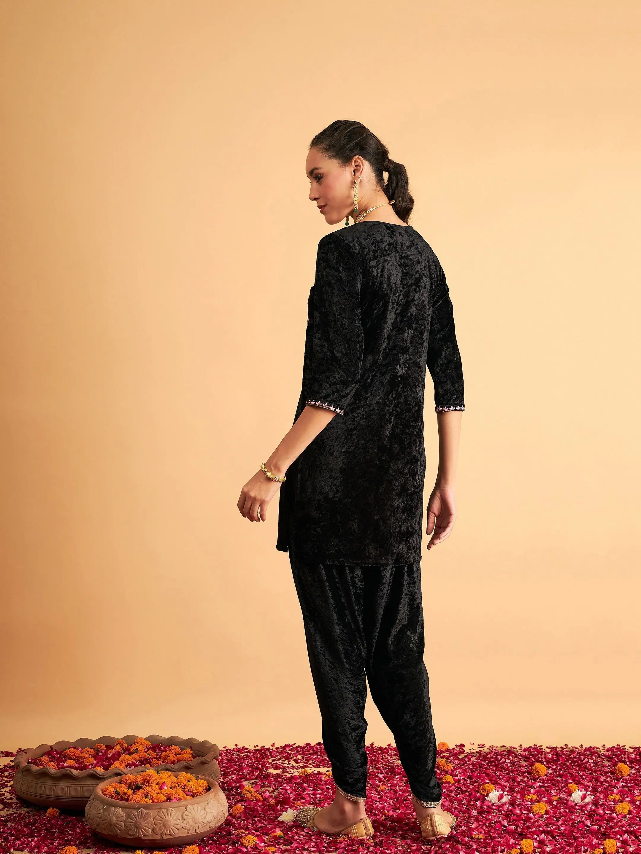 Black Velvet Dhoti Kurta Set | Designer Dhoti Suits for Women