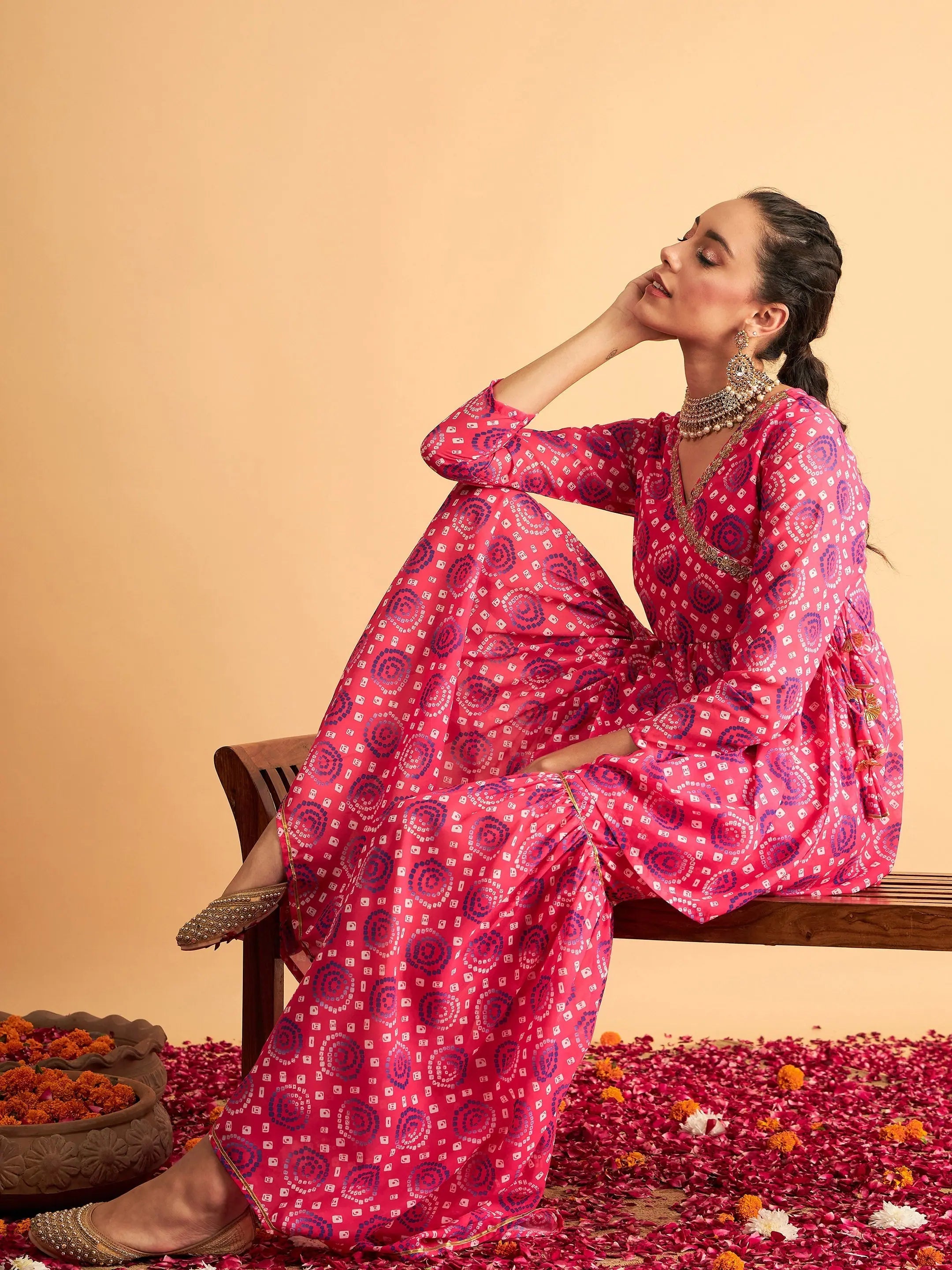 Fuchsia & Blue Bandhej Women's Western Wear Outfit