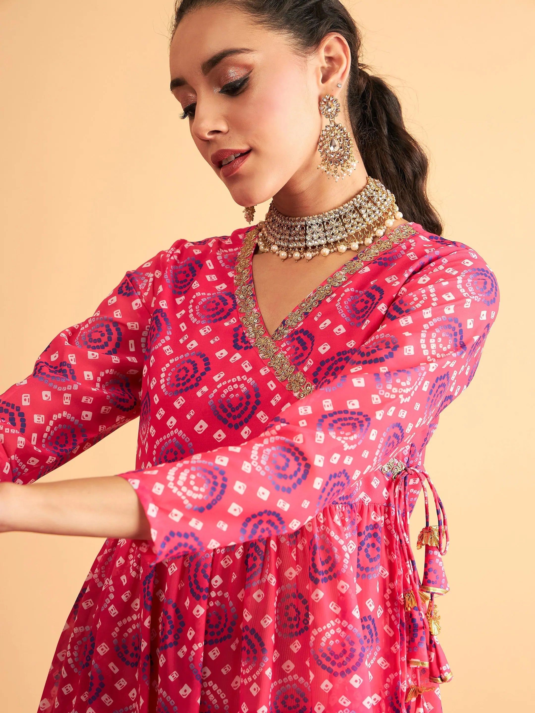 Fuchsia & Blue Bandhej Women's Western Wear Outfit