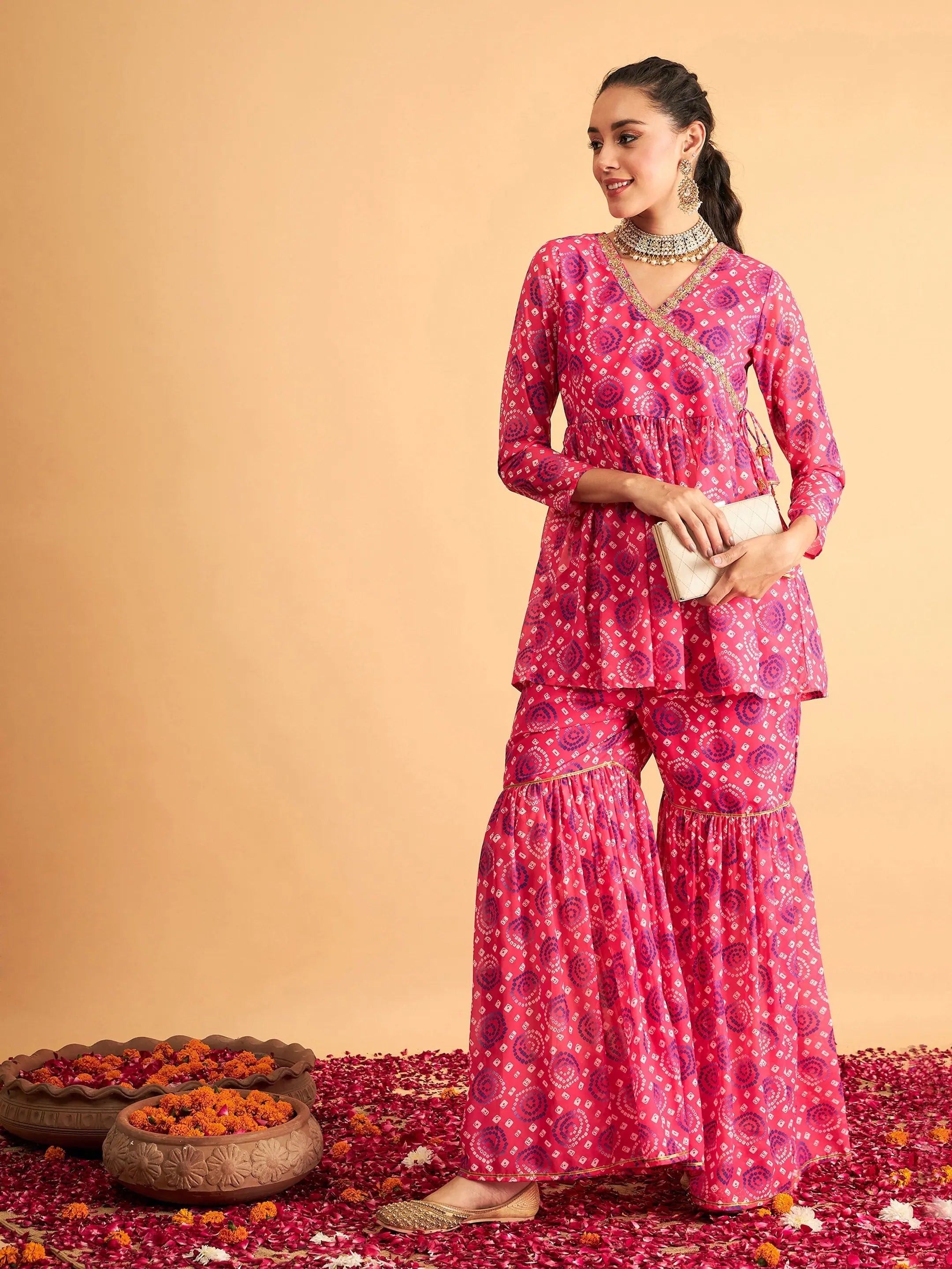 Fuchsia & Blue Bandhej Women's Western Wear Outfit
