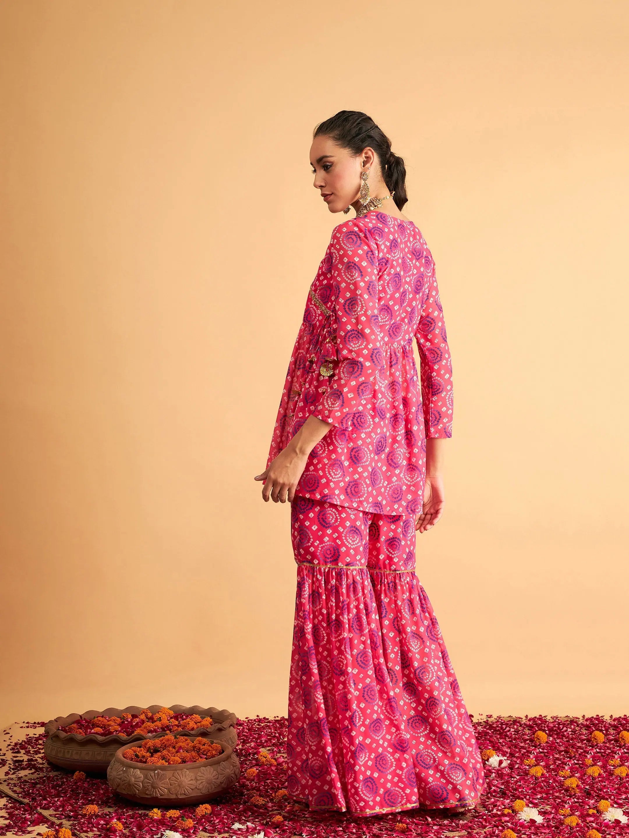 Fuchsia & Blue Bandhej Women's Western Wear Outfit