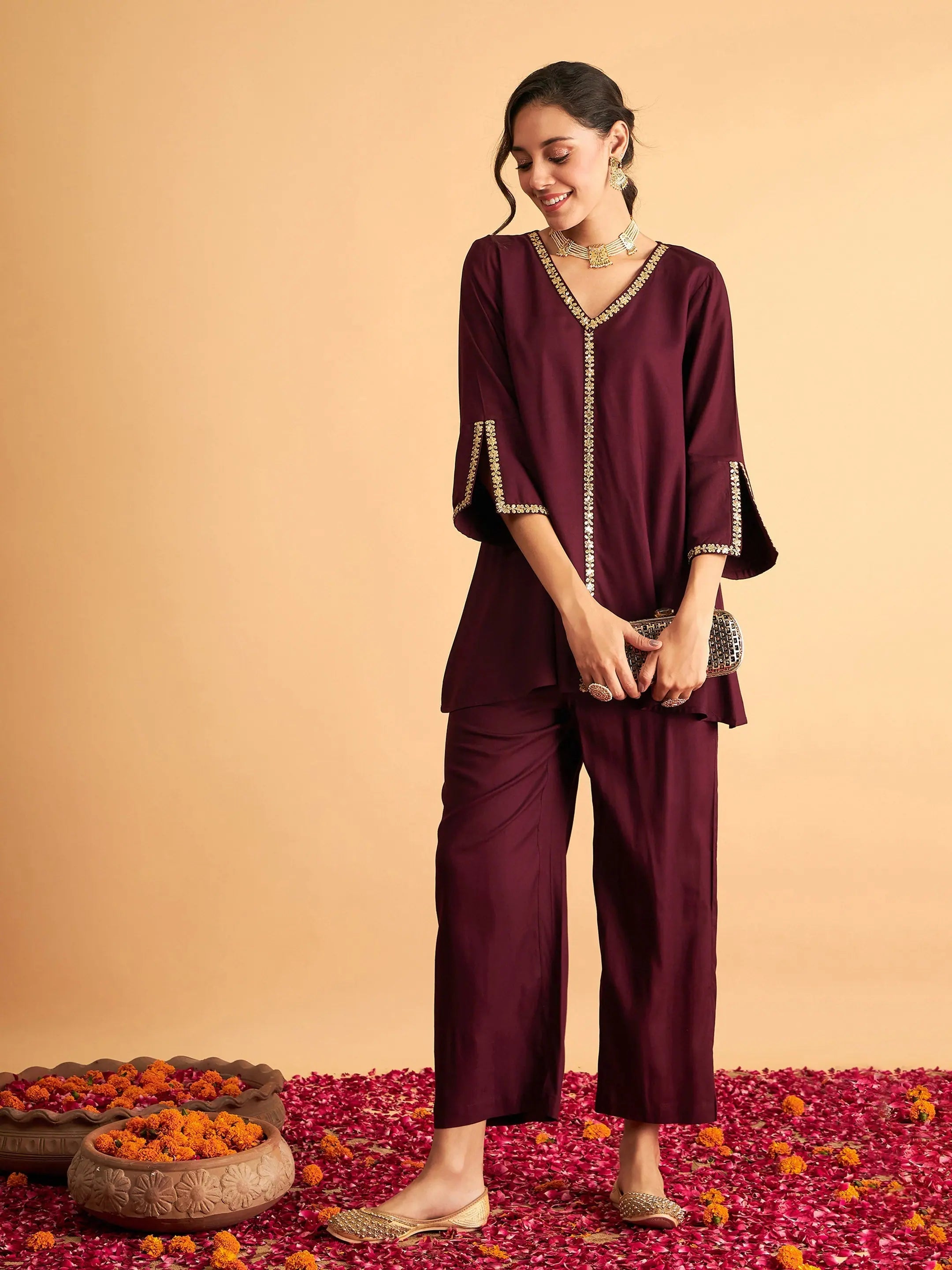 Burgundy Embroidered A-Line Top & Pants - Western Clothing