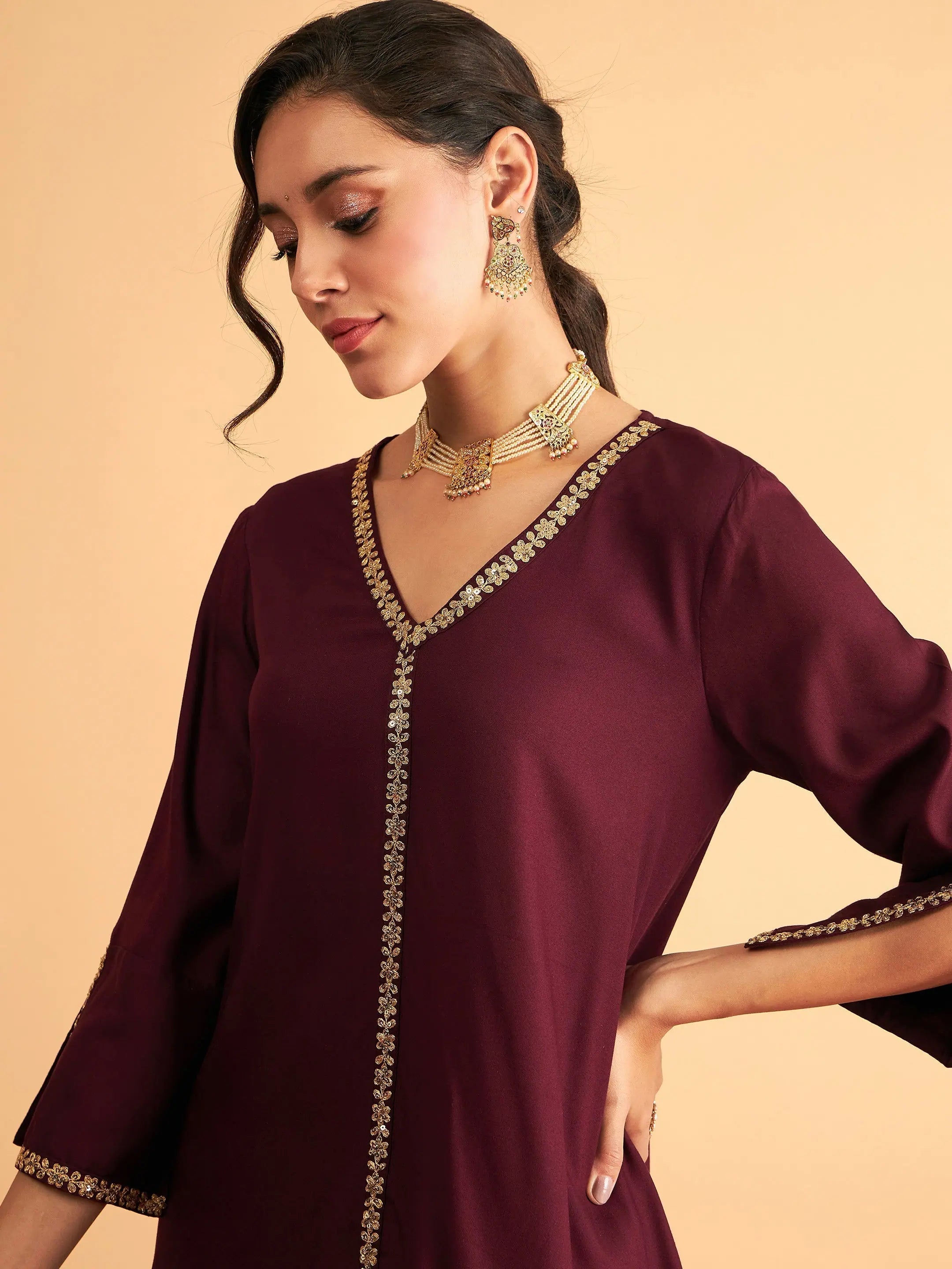 Burgundy Embroidered A-Line Top & Pants - Western Clothing