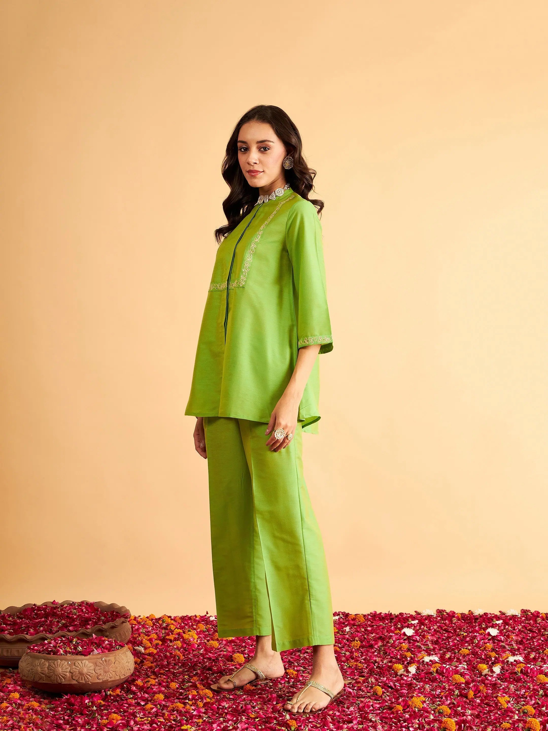 Green Embroidered Top & Pants Set - Western Outfits for Women