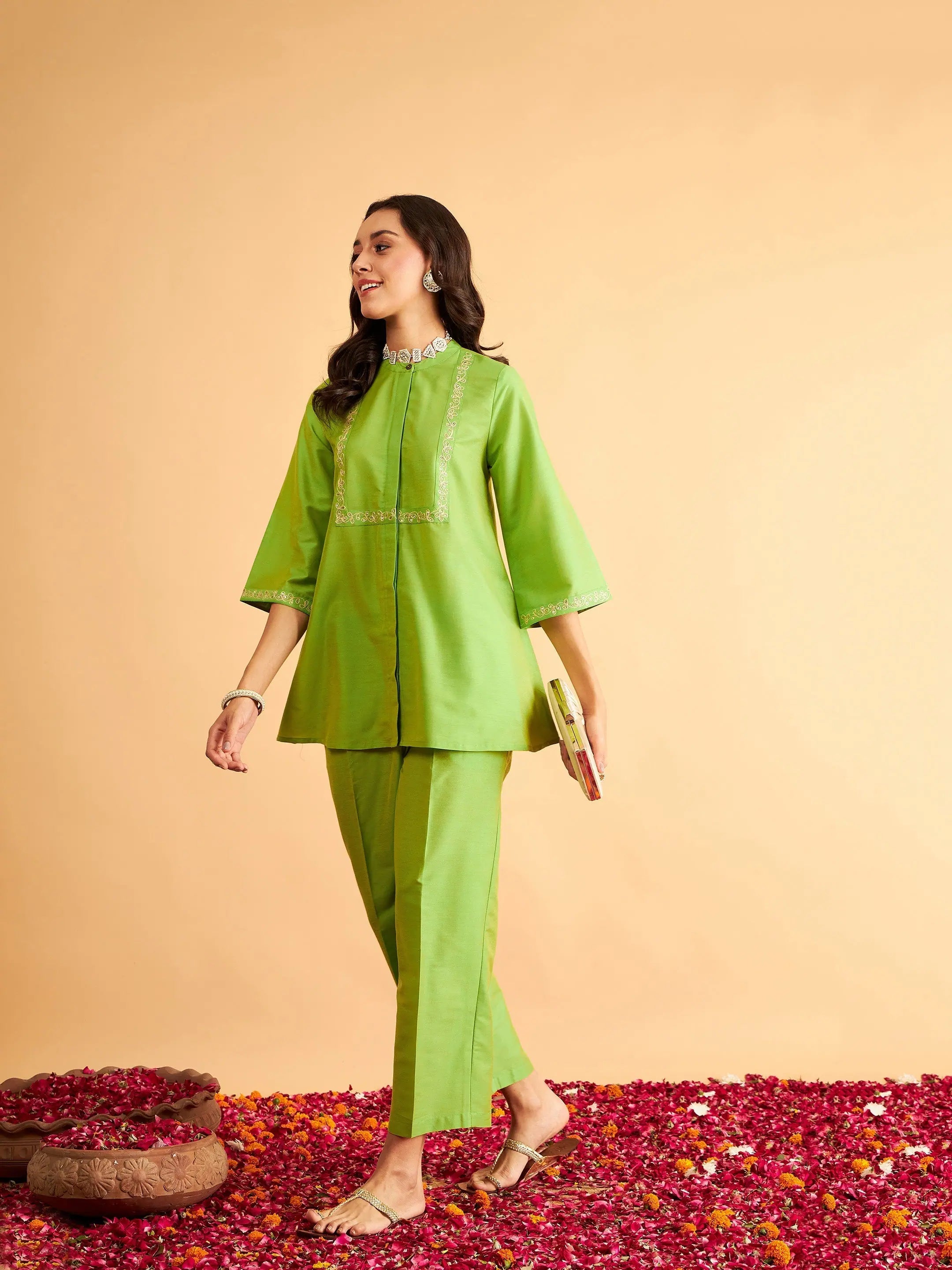 Green Embroidered Top & Pants Set - Western Outfits for Women