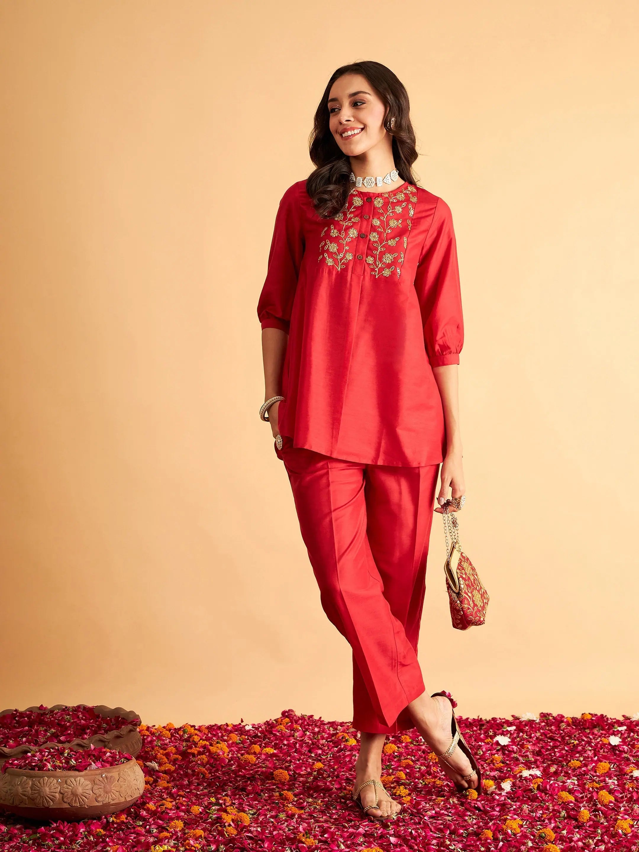 Red Embroidered Top & Pants - Women's Western Wear Outfits