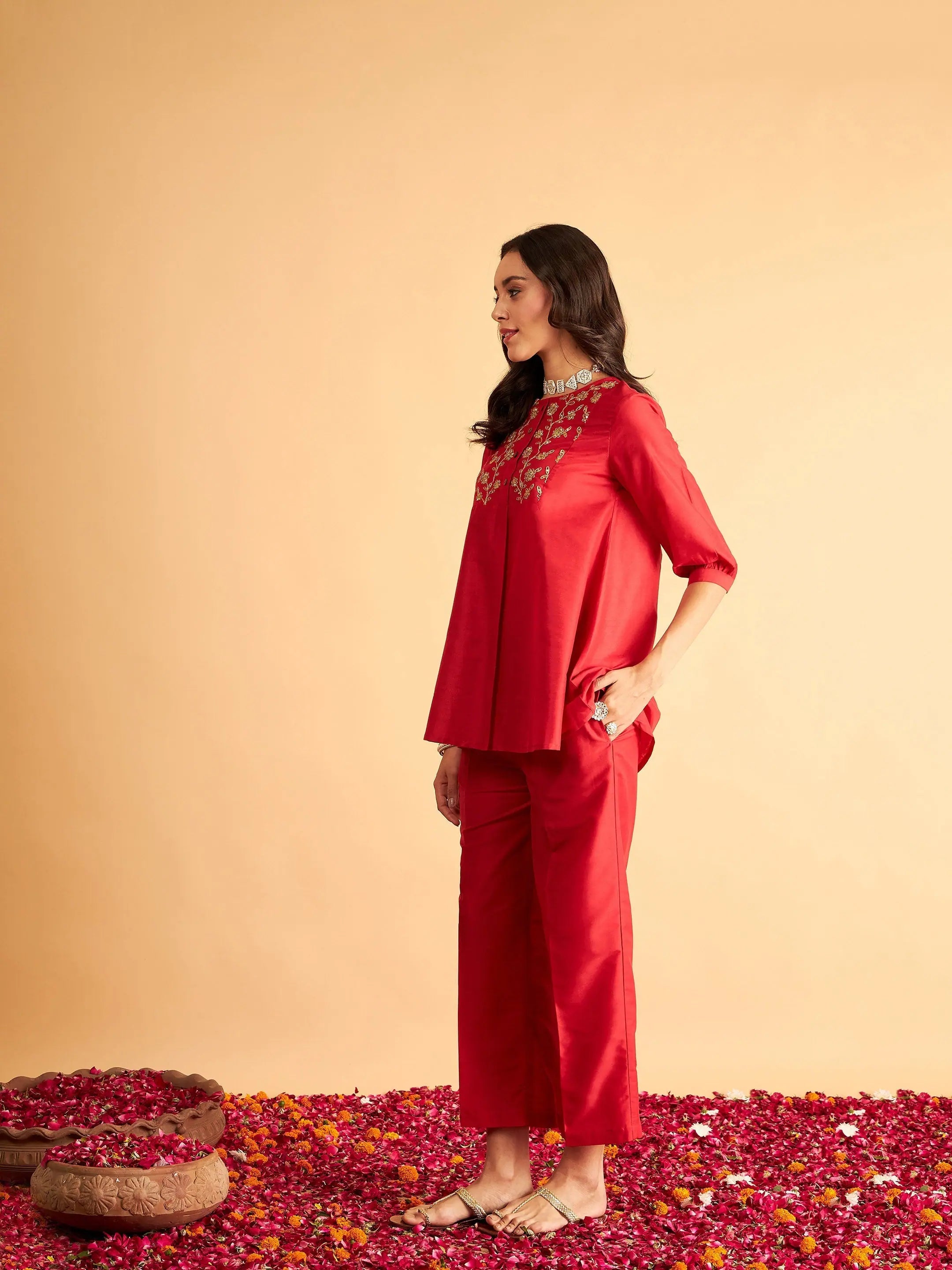 Red Embroidered Top & Pants - Women's Western Wear Outfits