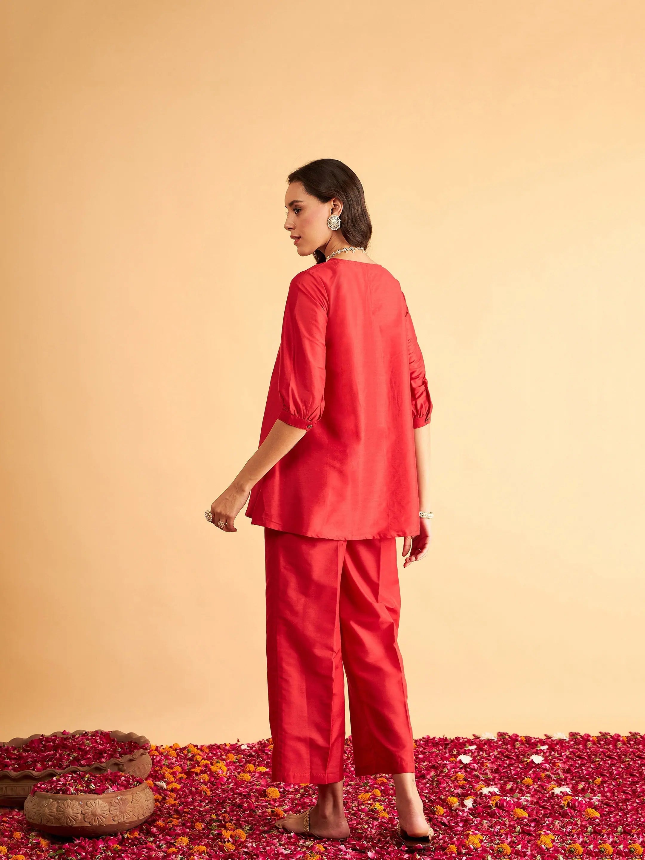 Red Embroidered Top & Pants - Women's Western Wear Outfits