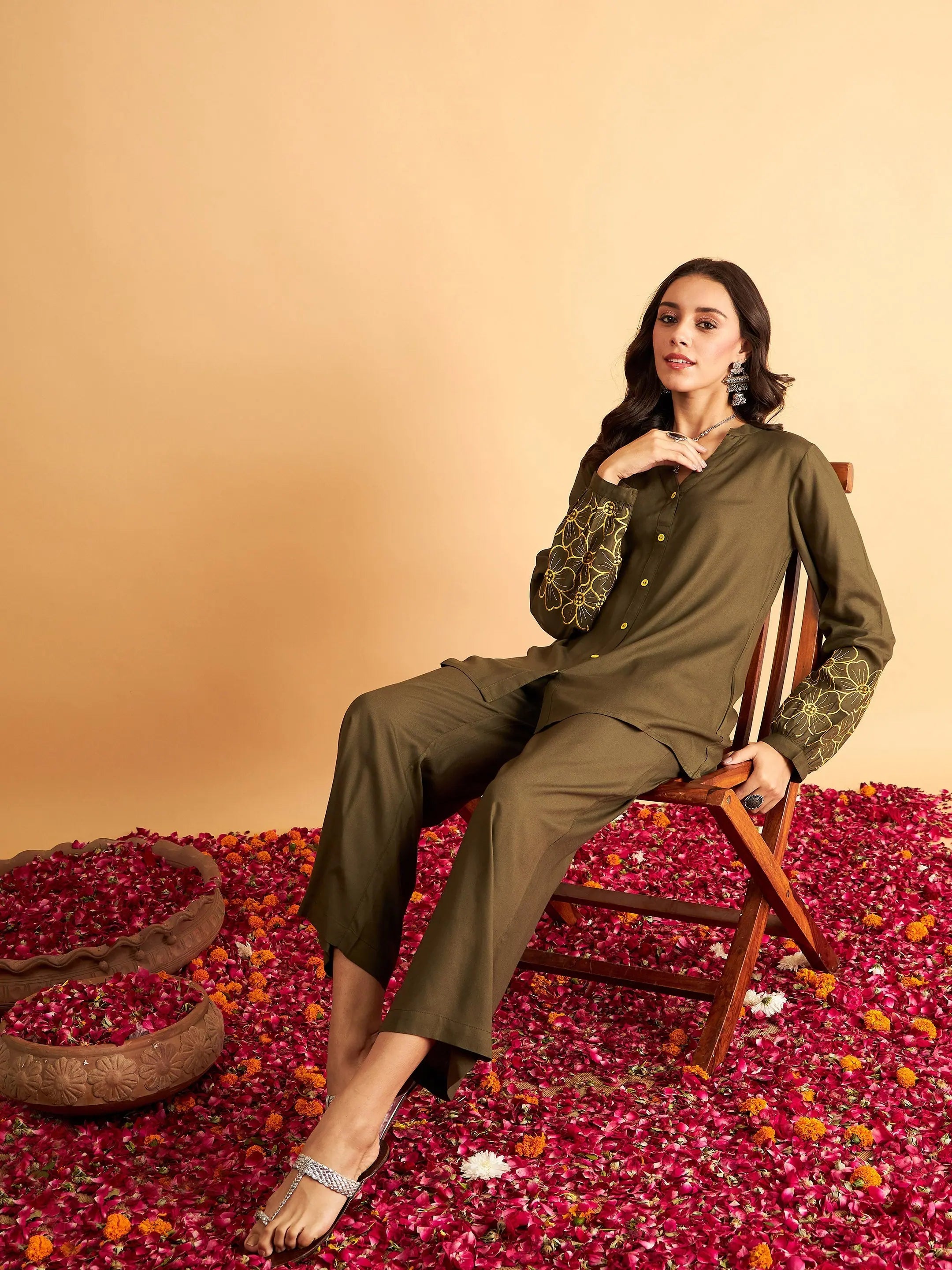 Olive Embroidered Shirt and Pants Set | Women's Tops