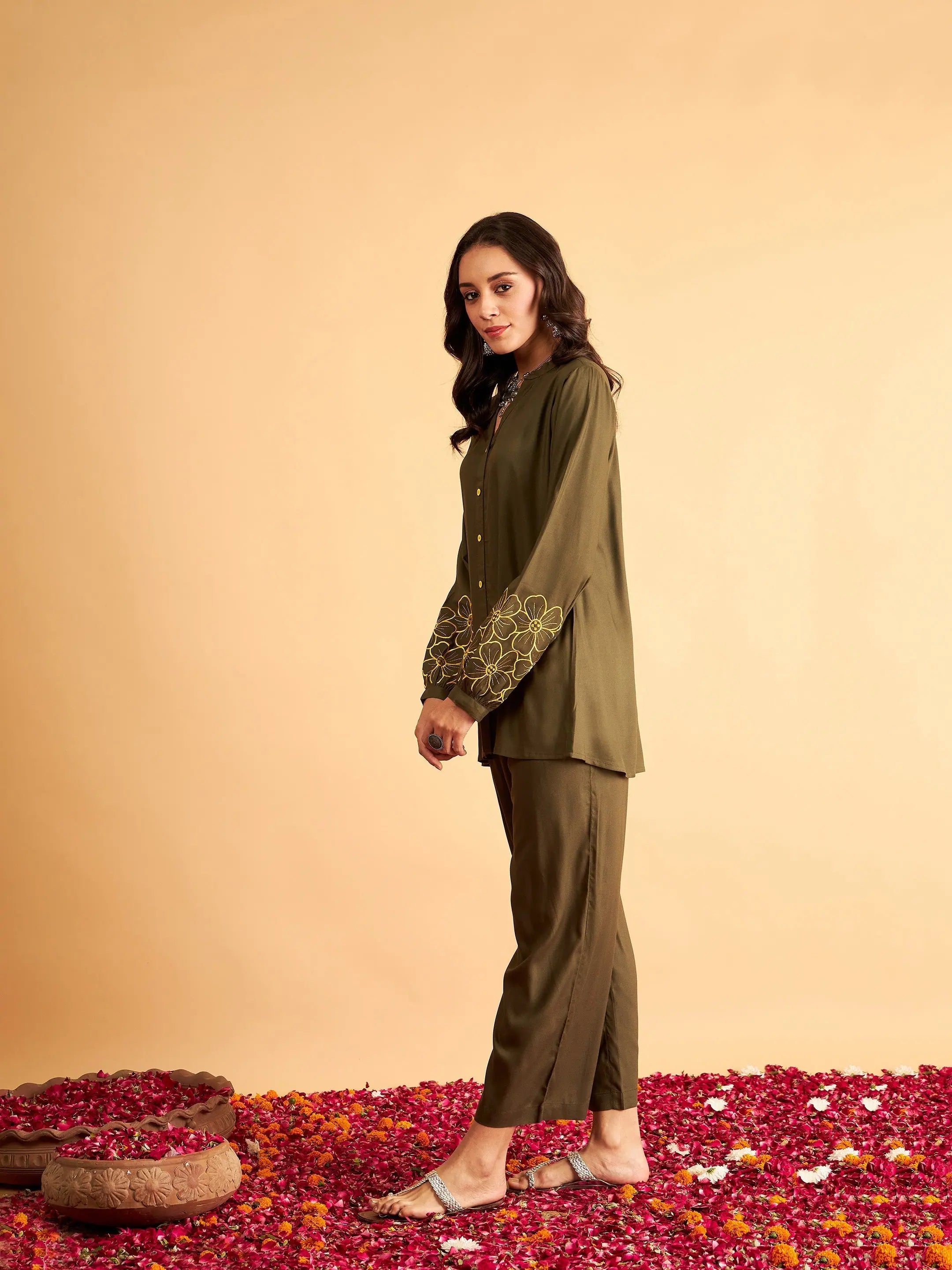 Olive Embroidered Shirt and Pants Set | Women's Tops