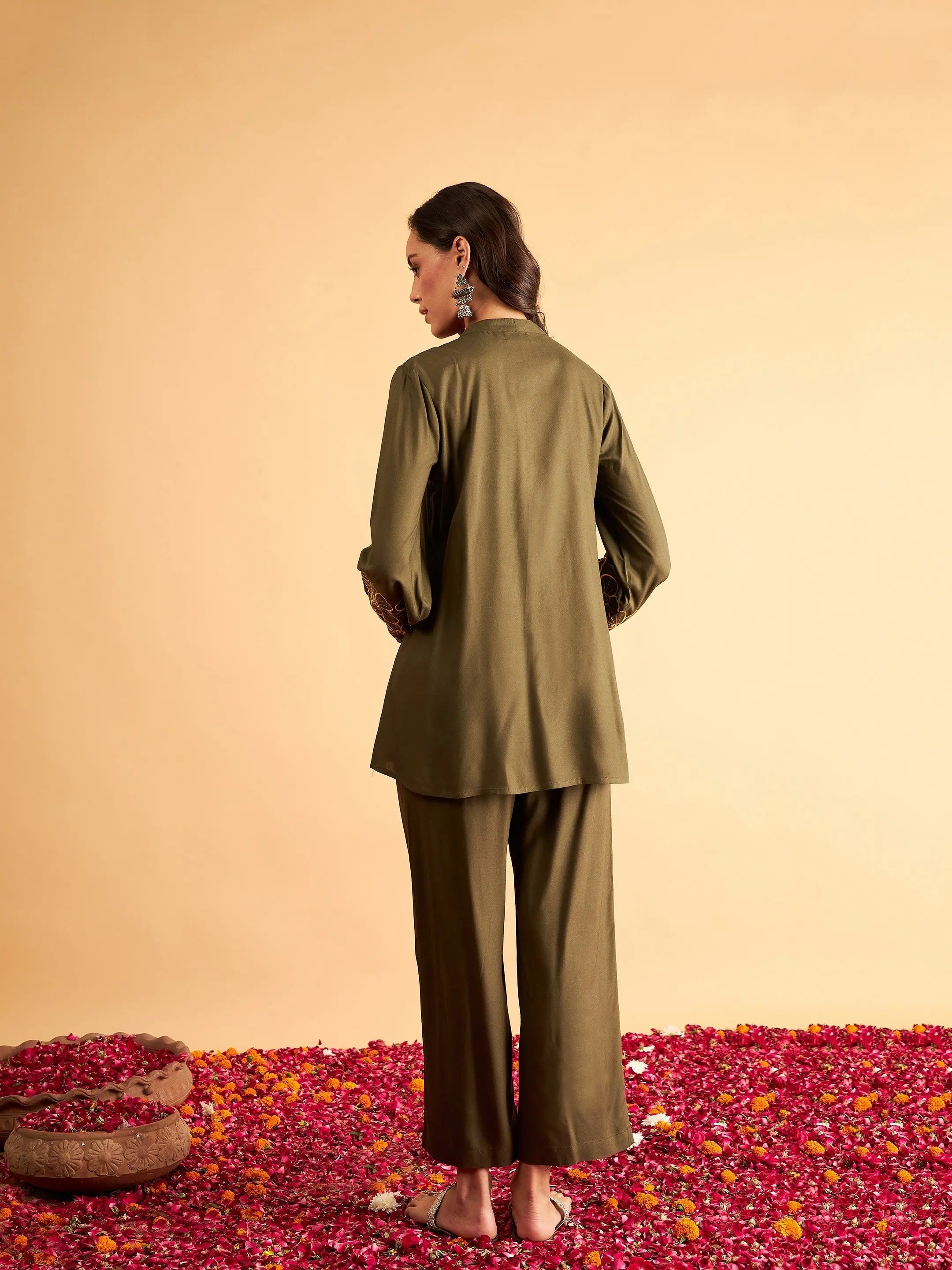Olive Embroidered Shirt and Pants Set | Women's Tops