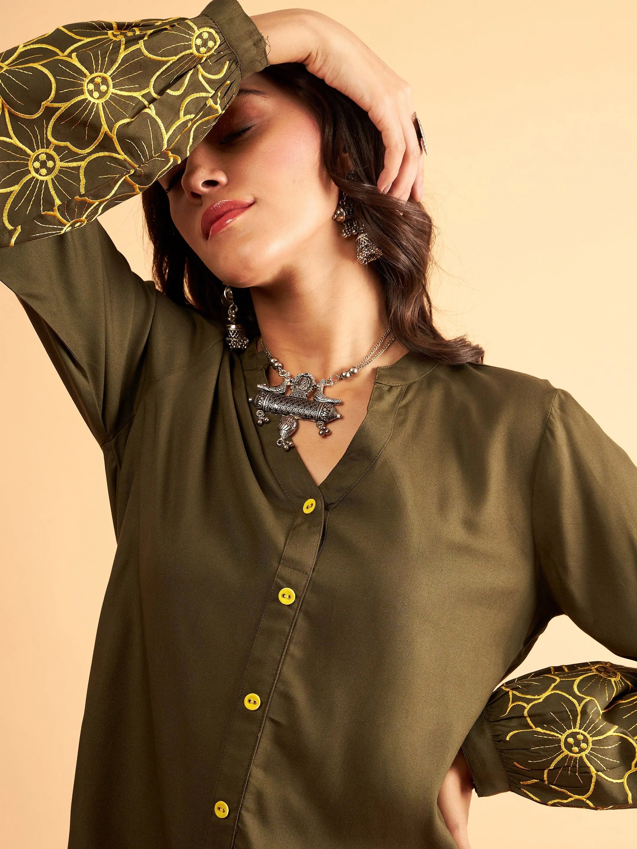 Olive Embroidered Shirt and Pants Set | Women's Tops