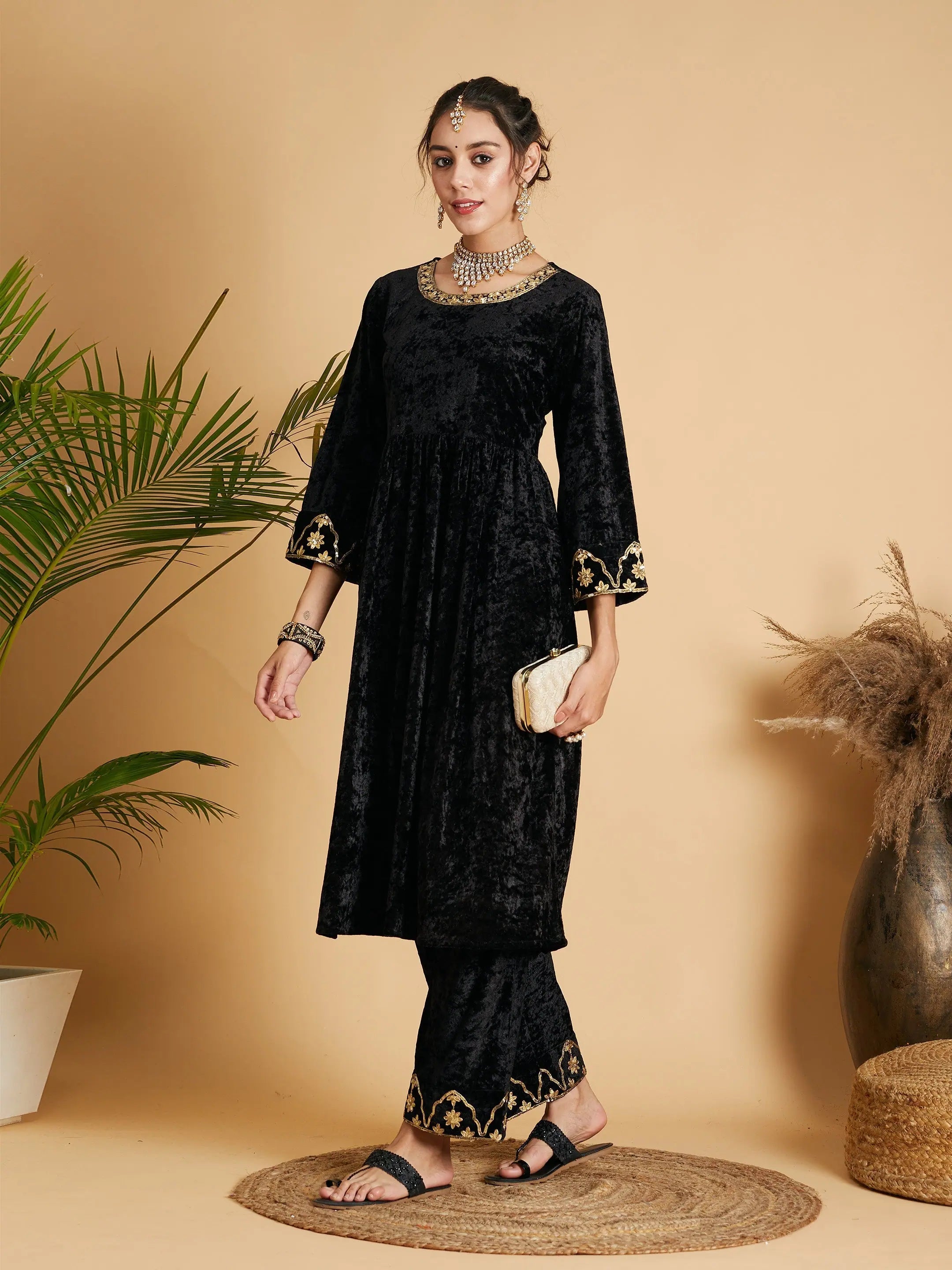Black Velvet Embroidered Dress With Pants - Women's Clothing