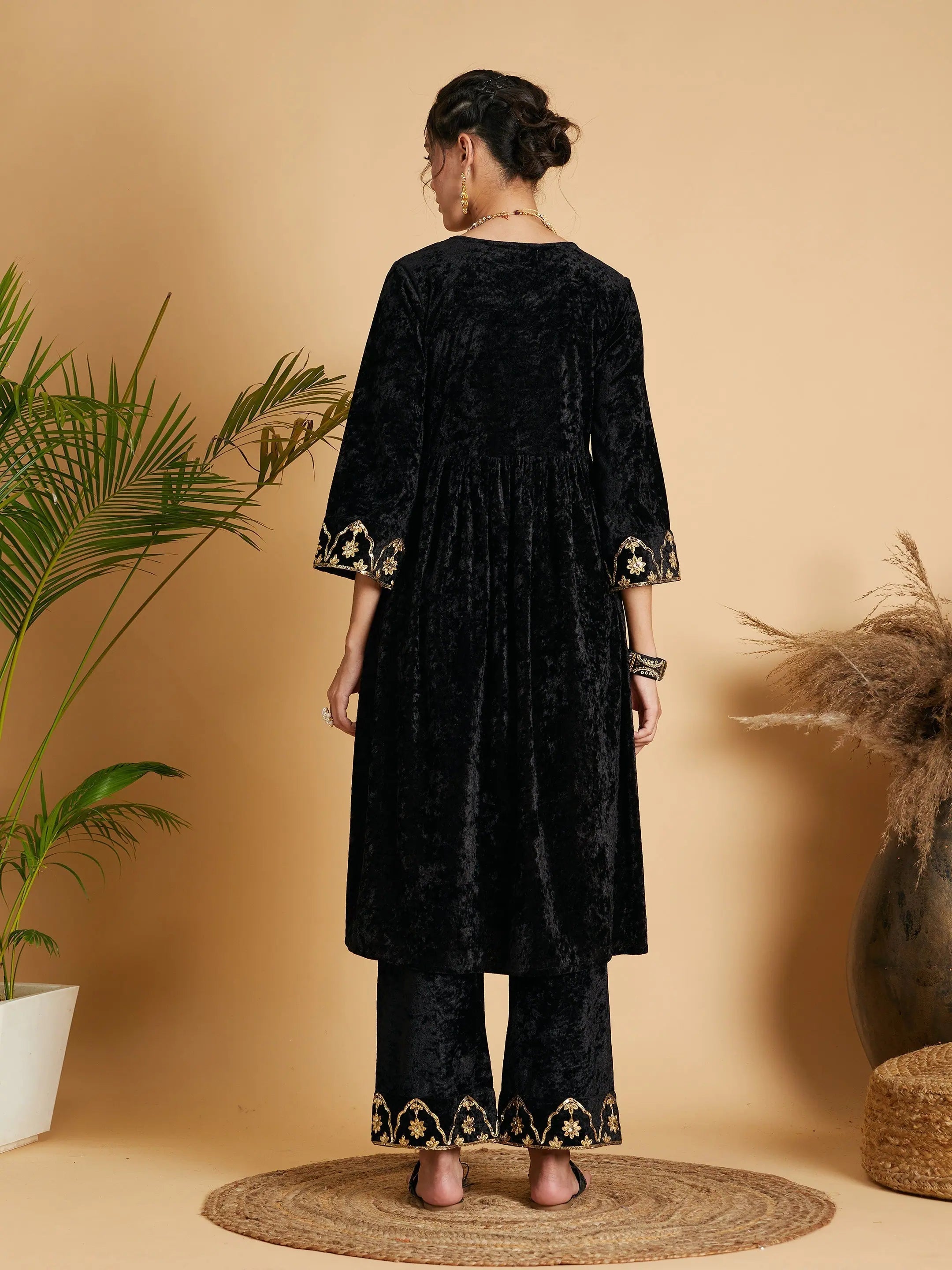 Black Velvet Embroidered Dress With Pants - Women's Clothing