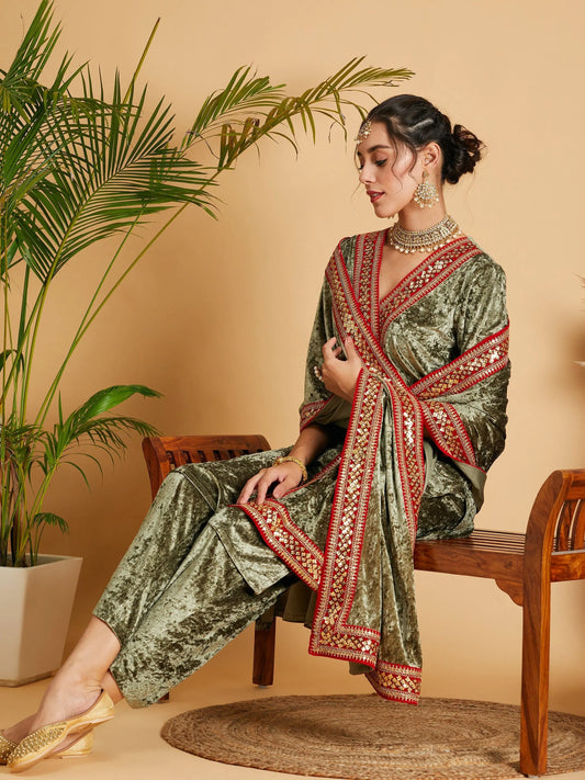 Women Olive Velvet Lace Detail Dushala 2160