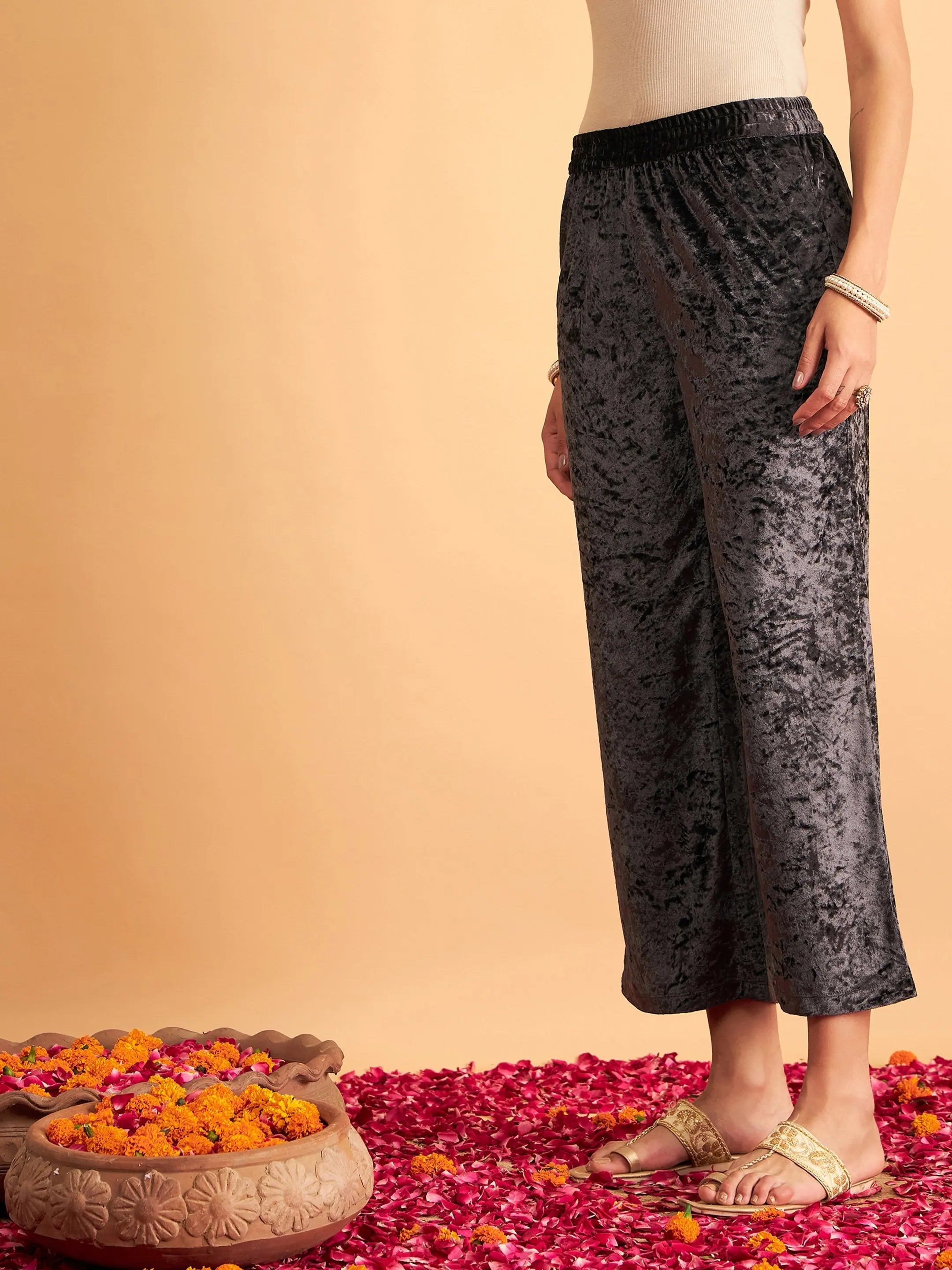 Grey Velvet Straight Pants - Stylish Women's Western Wear