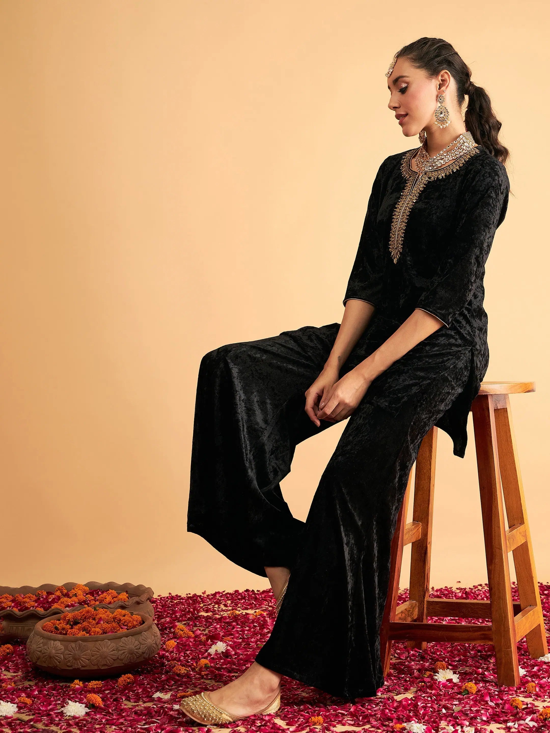 Black Velvet Palazzo Pants - Women's Western Wear Outfits