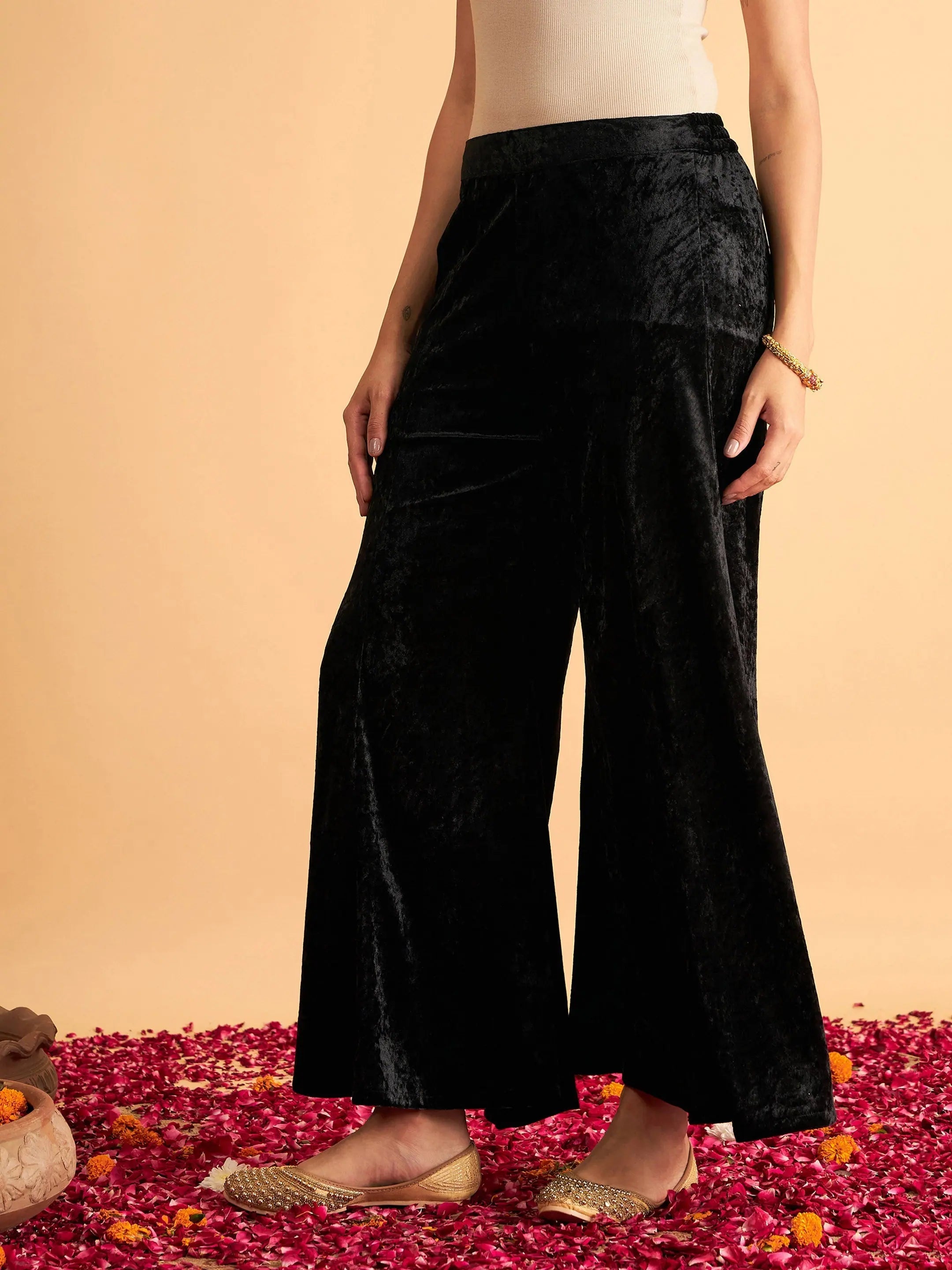 Black Velvet Palazzo Pants - Women's Western Wear Outfits