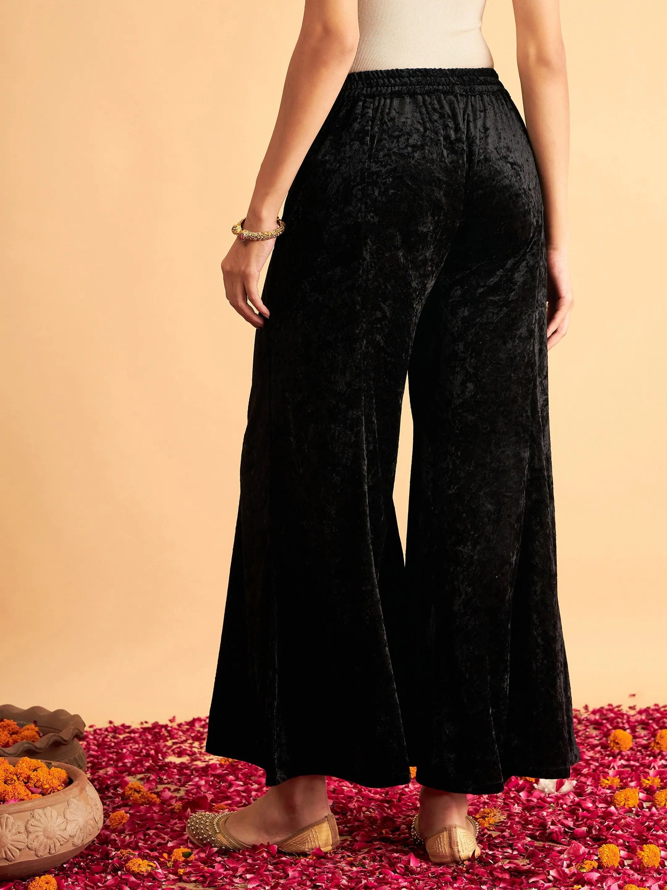 Black Velvet Palazzo Pants - Women's Western Wear Outfits