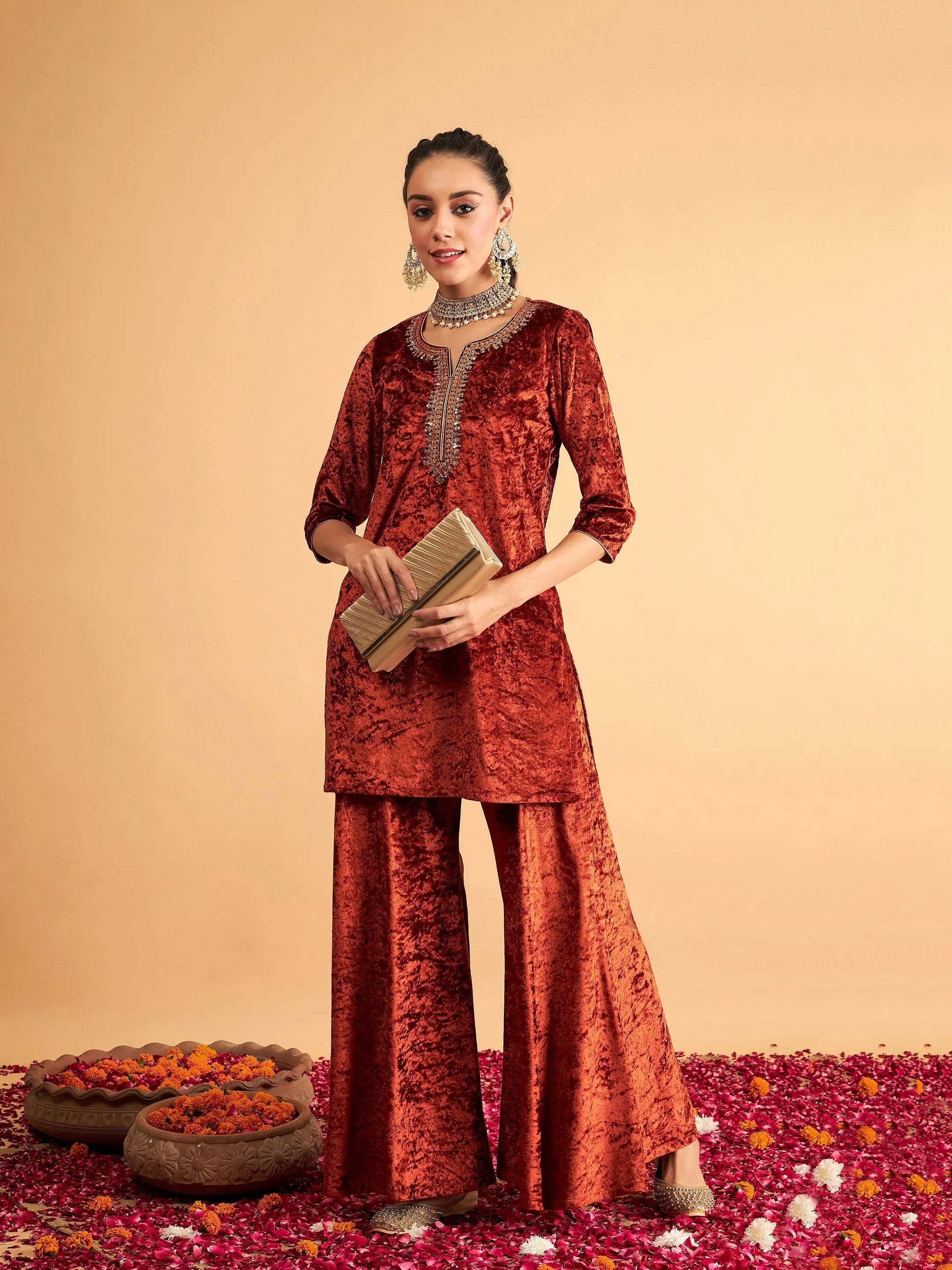 Rust Velvet Palazzo Pants - Women's Western Clothing