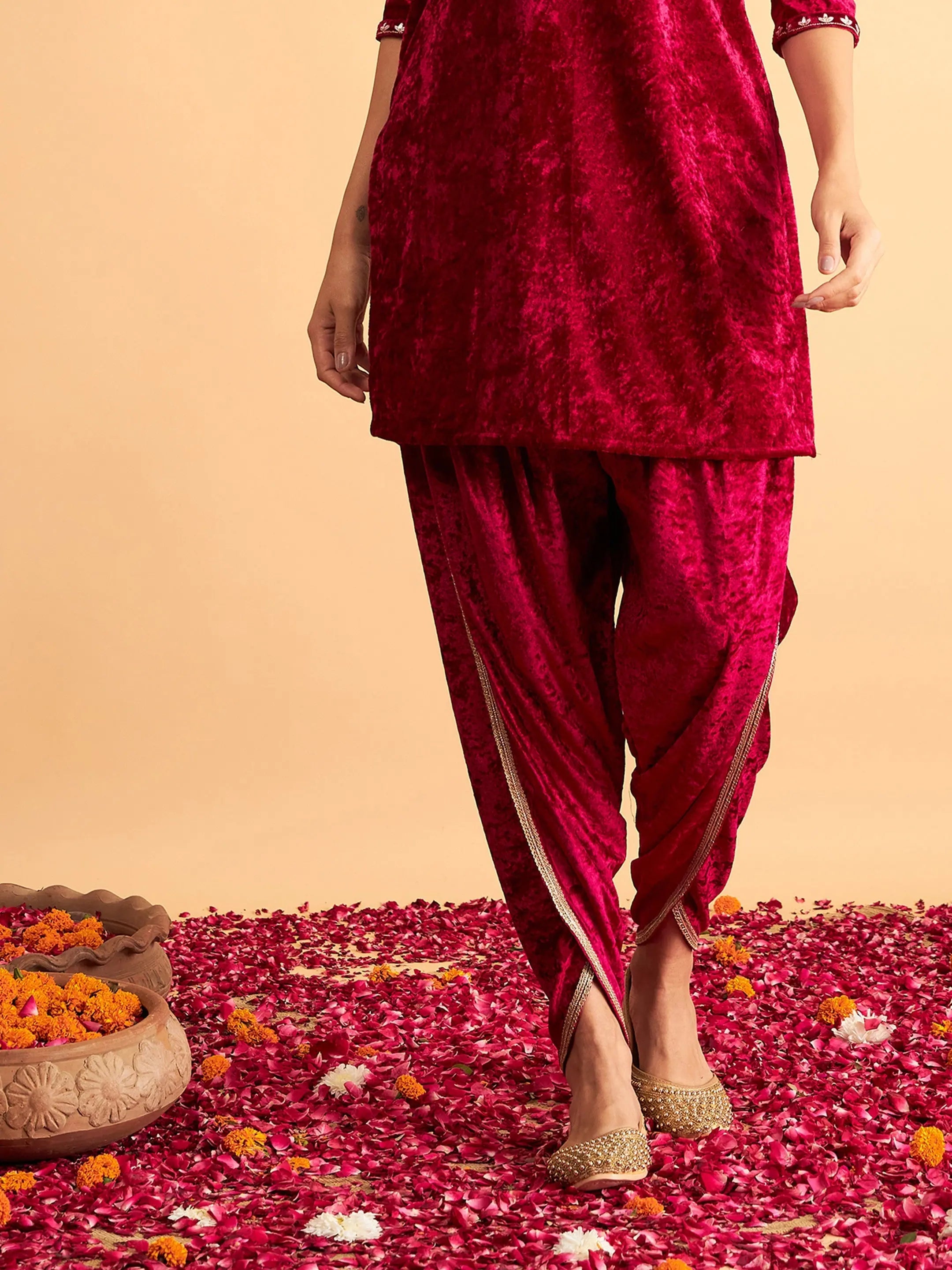 Fuchsia Velvet Dhoti Pants - Women's Western Wear Online