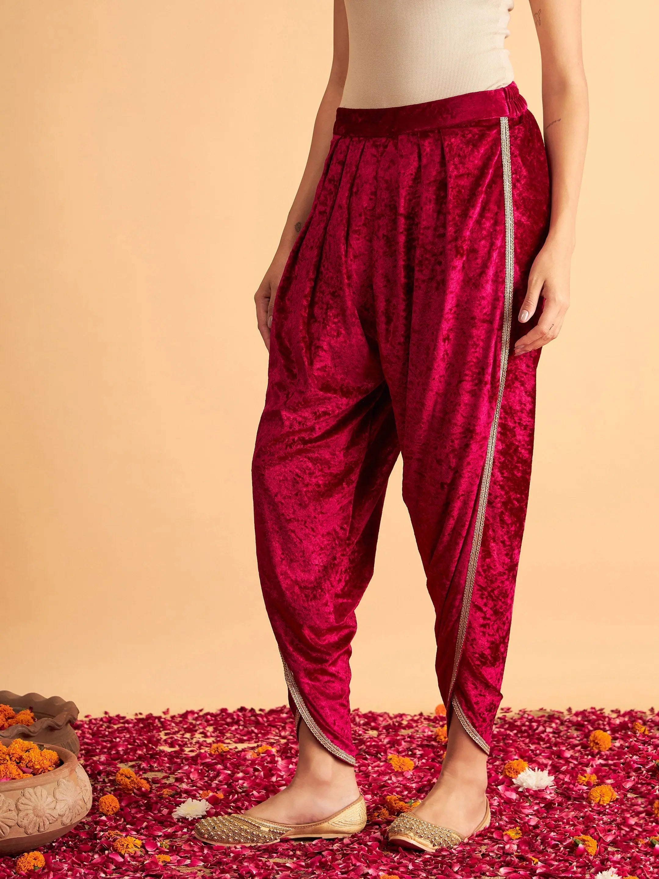 Fuchsia Velvet Dhoti Pants - Women's Western Wear Online