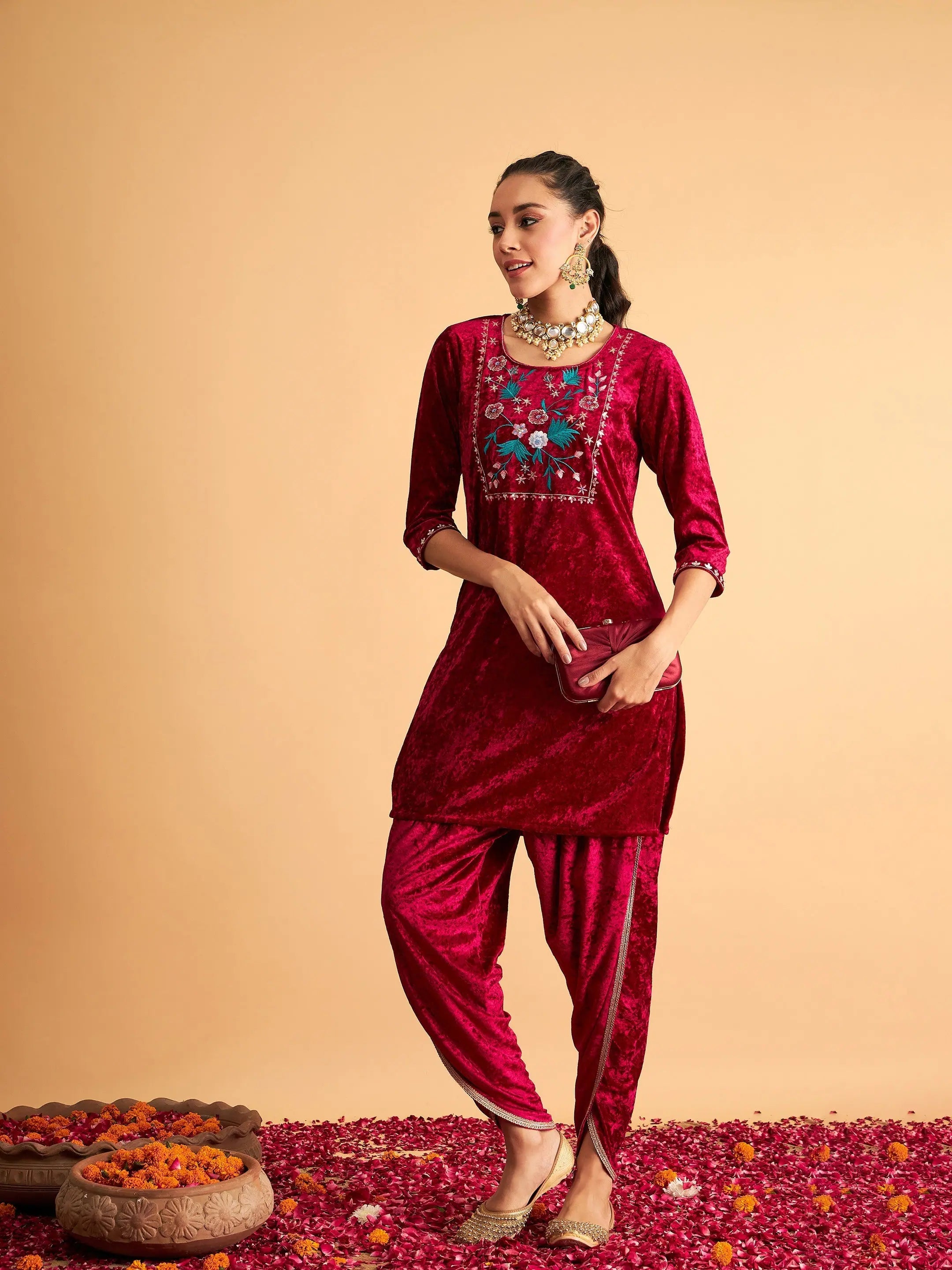 Fuchsia Velvet Dhoti Pants - Women's Western Wear Online