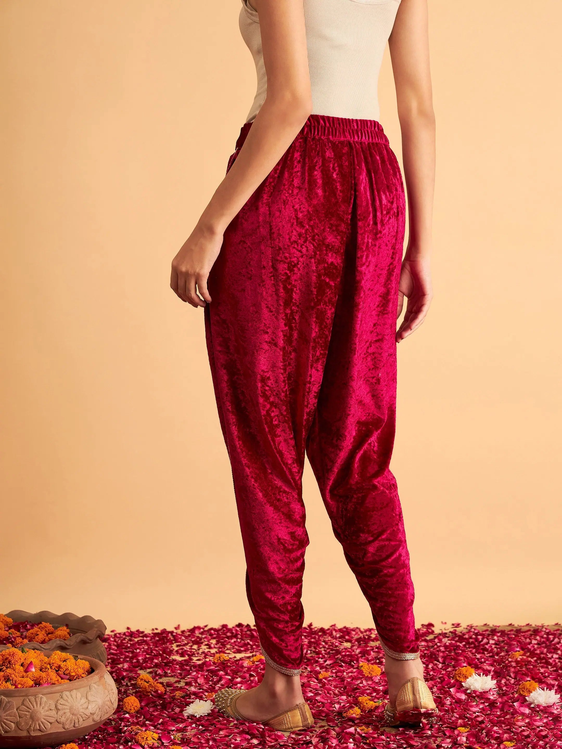 Fuchsia Velvet Dhoti Pants - Women's Western Wear Online