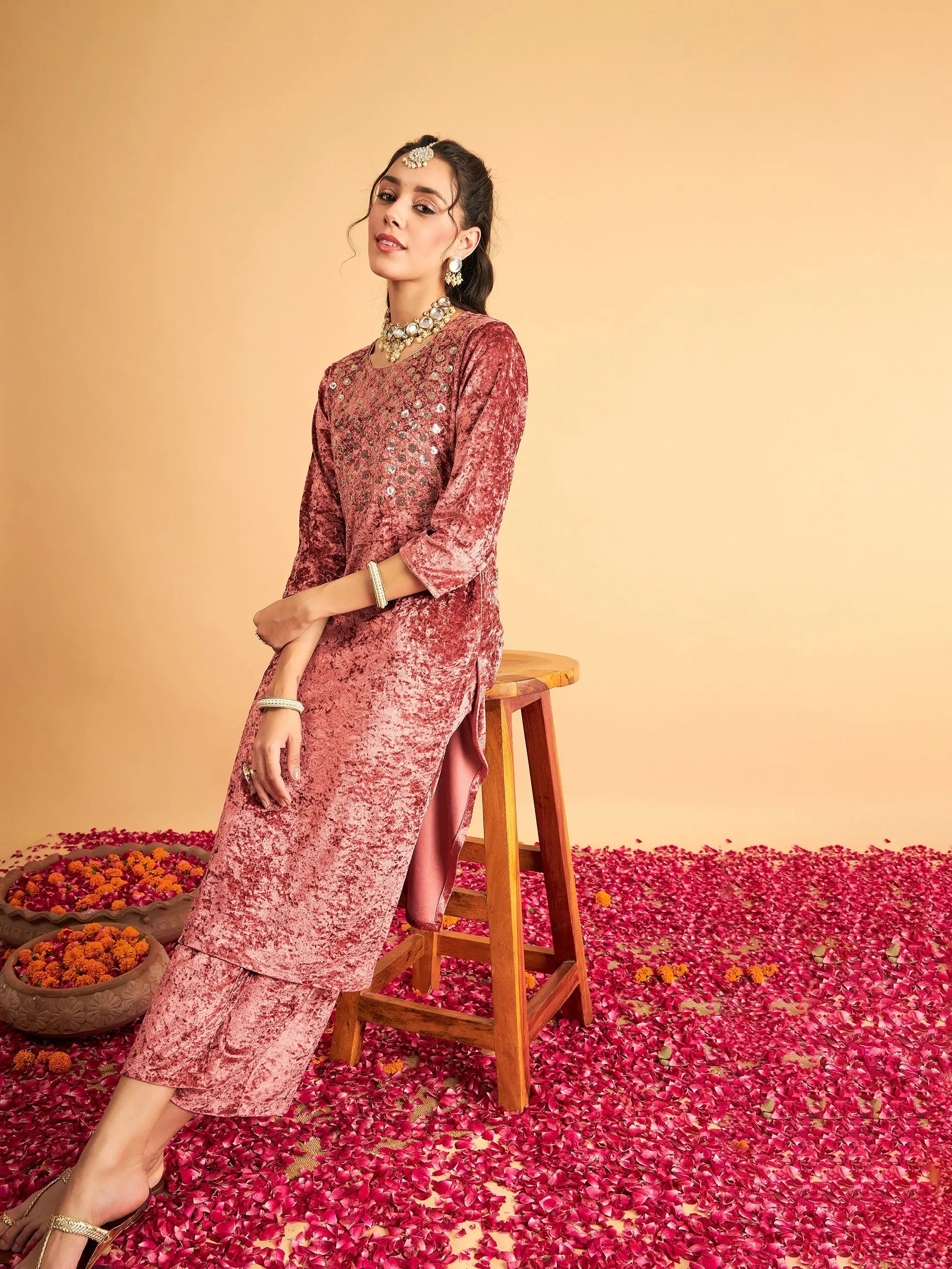 Pink Velvet Straight Pants - Women's Western Clothing Online