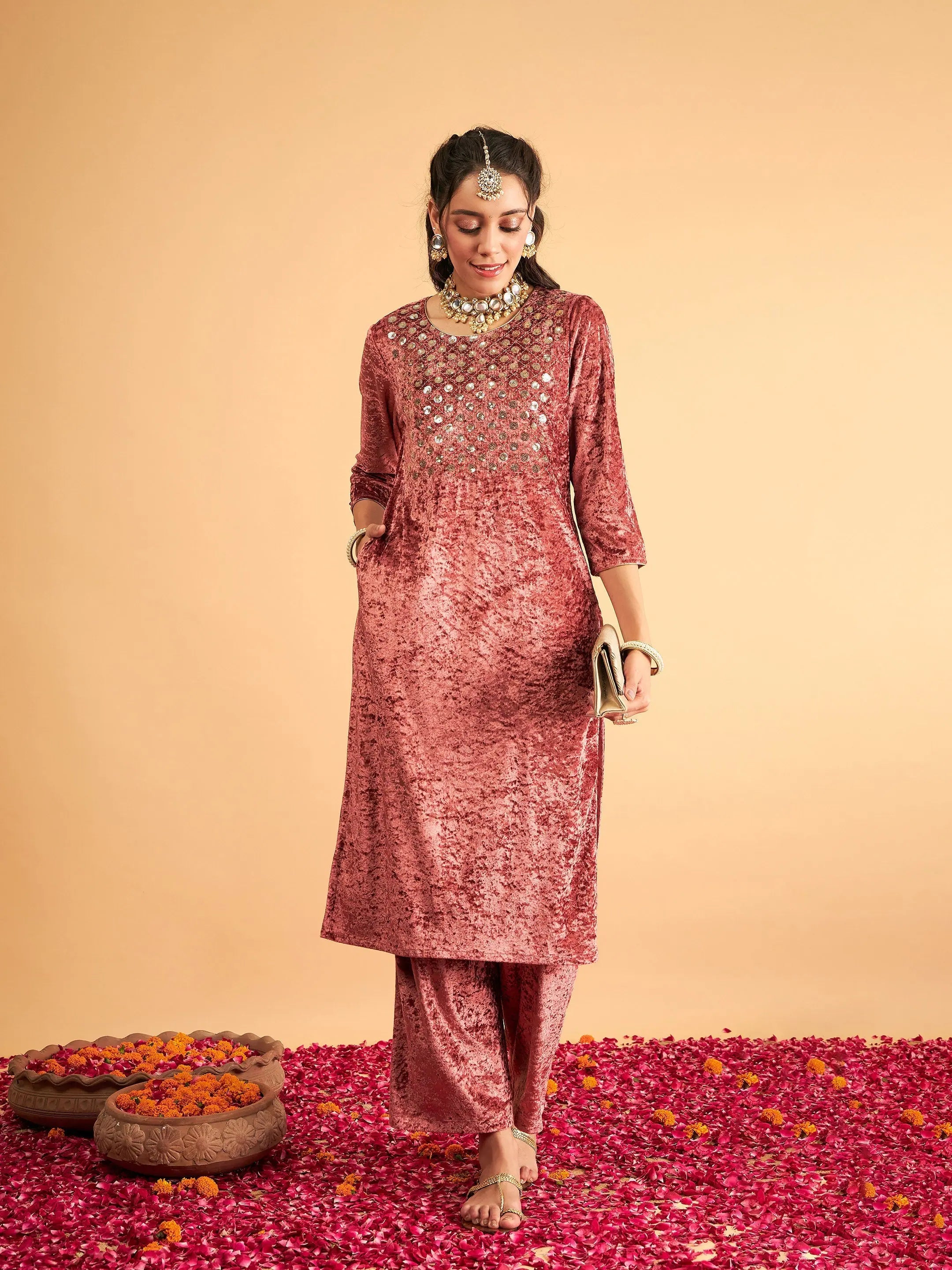 Pink Velvet Straight Pants - Women's Western Clothing Online