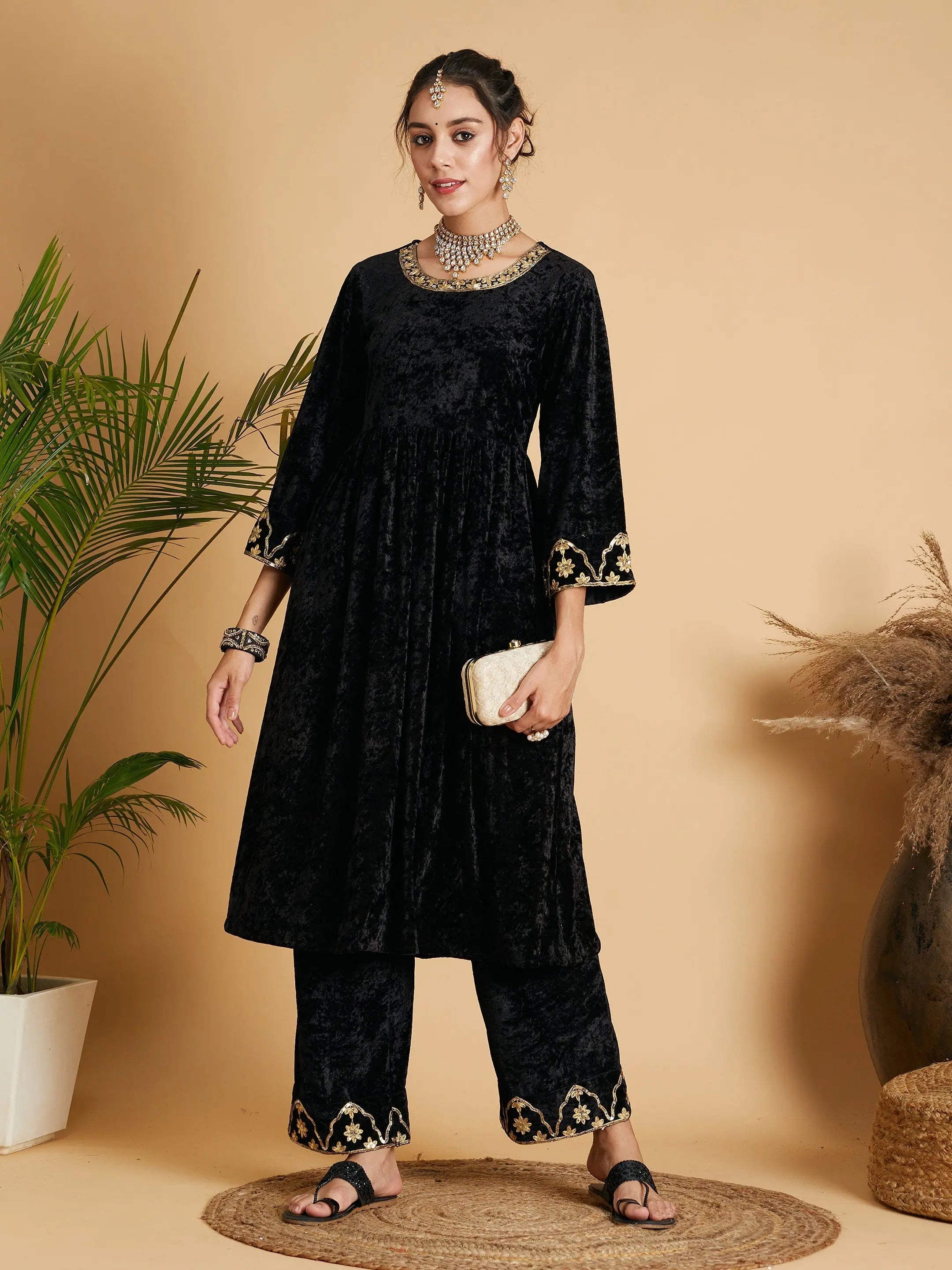 Black Velvet Embroidered Fit & Flare Indian Kurtas for Women