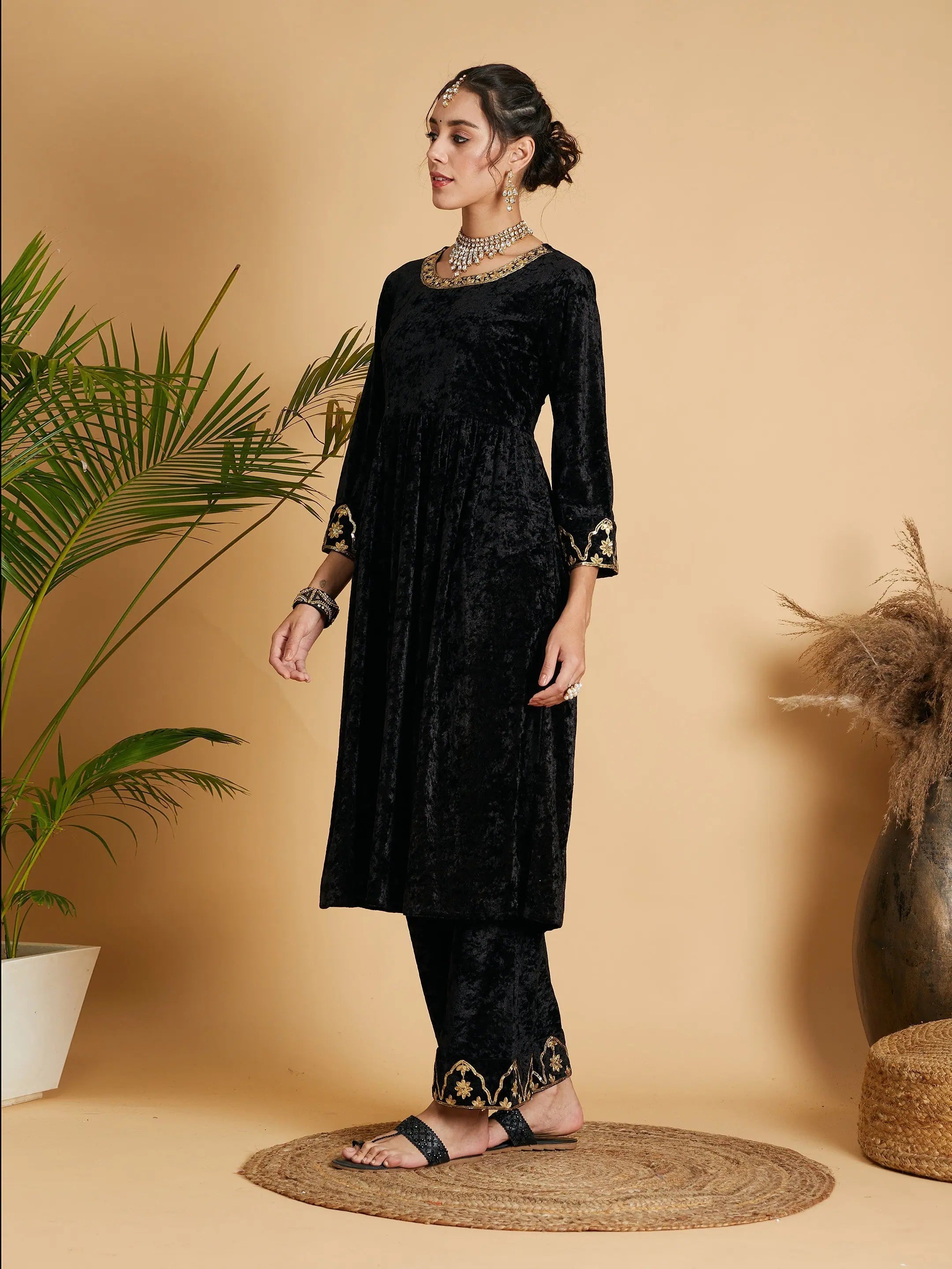 Black Velvet Embroidered Fit & Flare Indian Kurtas for Women
