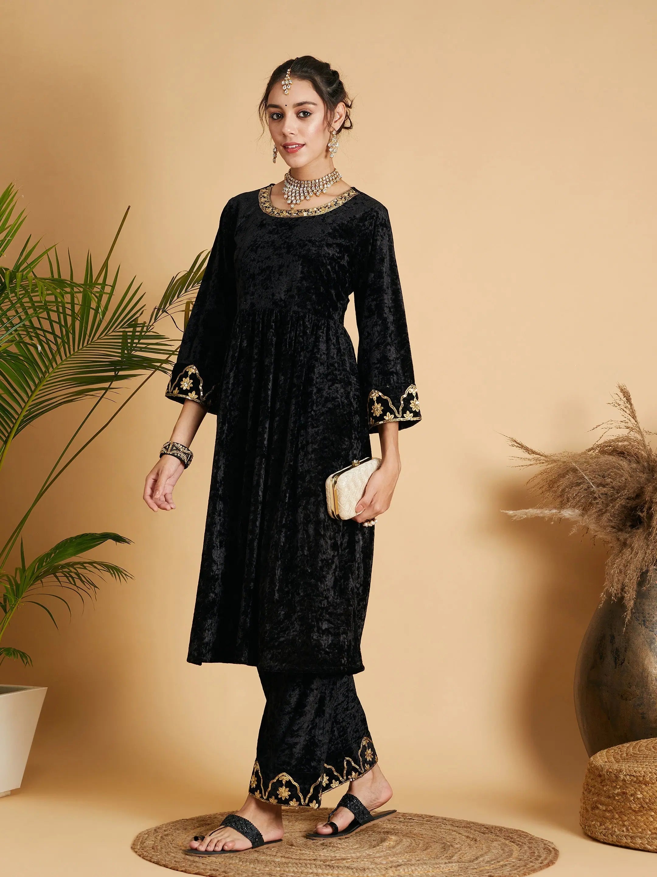 Black Velvet Embroidered Fit & Flare Indian Kurtas for Women