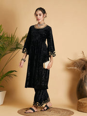 Women Black Velvet Embroidered Gathered Kurta