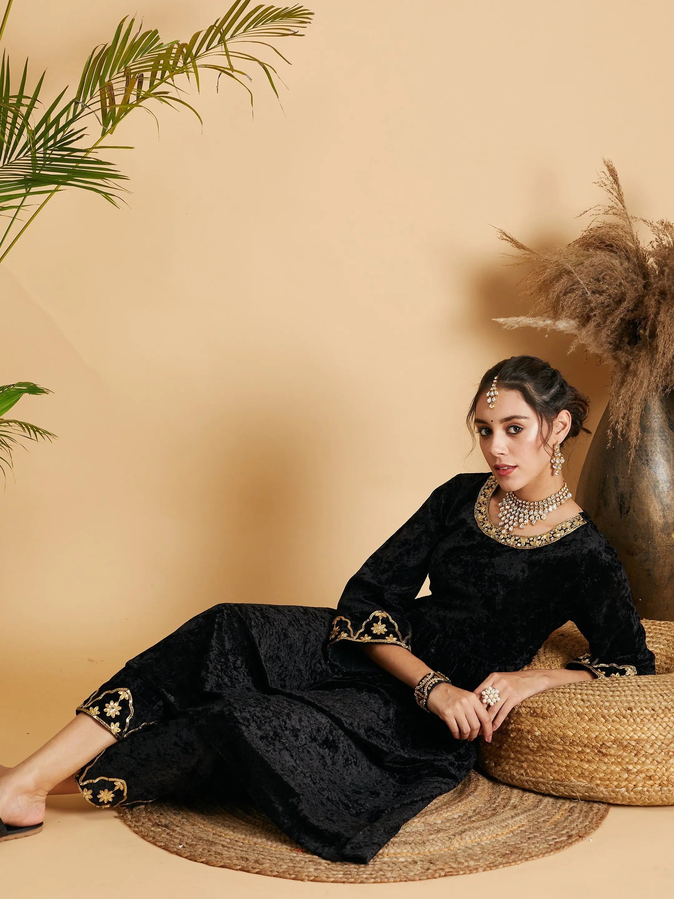 Black Velvet Embroidered Fit & Flare Indian Kurtas for Women
